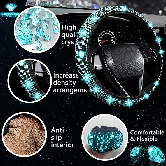 NBTEPEM 27 PCs Aquamrine Bling Car Accessories Set for Women, Steering Wheel Covers Universal Fit 15 Inch, Bling License Plate Frame, Bling Phone Holder, Bling Car Coasters (Aquamrine Diamond)