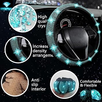 NBTEPEM 27 PCs Aquamrine Bling Car Accessories Set for Women, Steering Wheel Covers Universal Fit 15 Inch, Bling License Plate Frame, Bling Phone Holder, Bling Car Coasters (Aquamrine Diamond)