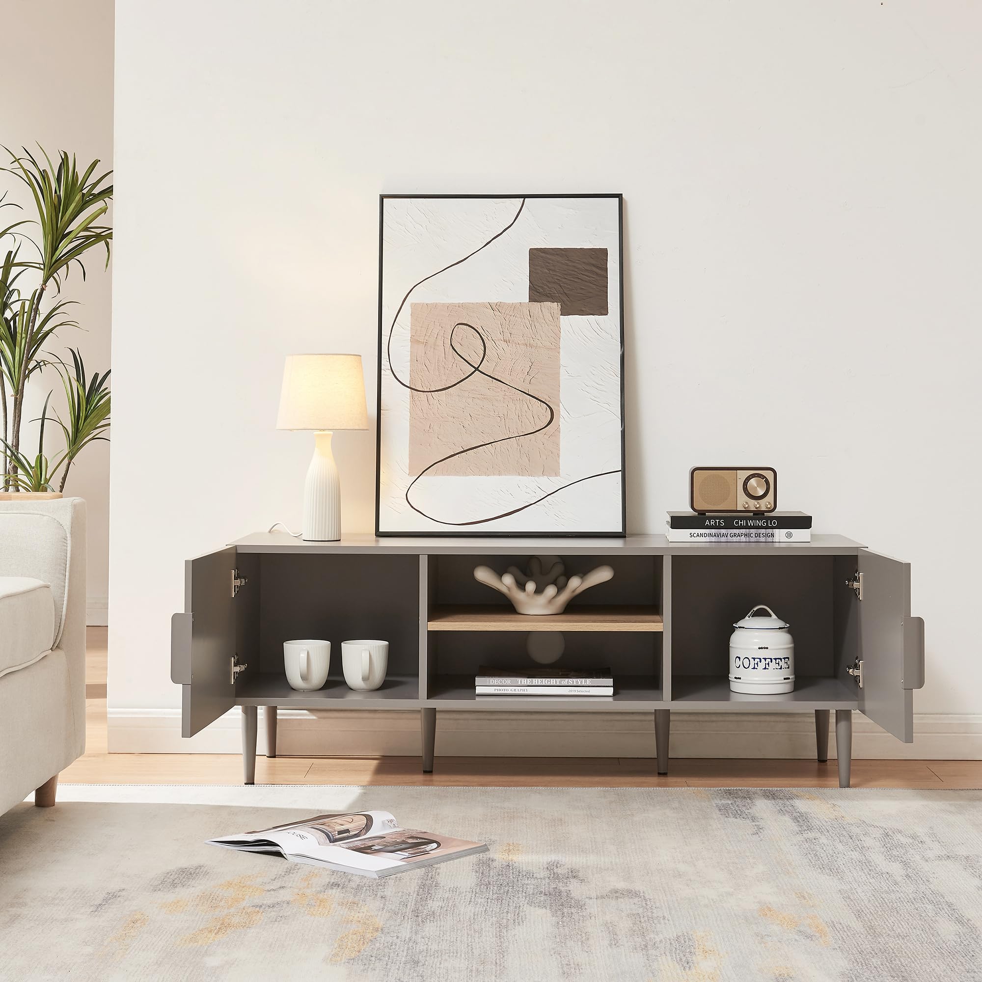 [en.casa] Mueble de TV Starvili con 2 Compartimentos Abiertos y 2 Cerrados Mesa de TV Mueble de Salón con Tablero Rectangular y Pasacables Aglomerado MDF 120 x 40 x 45 cm - Gris