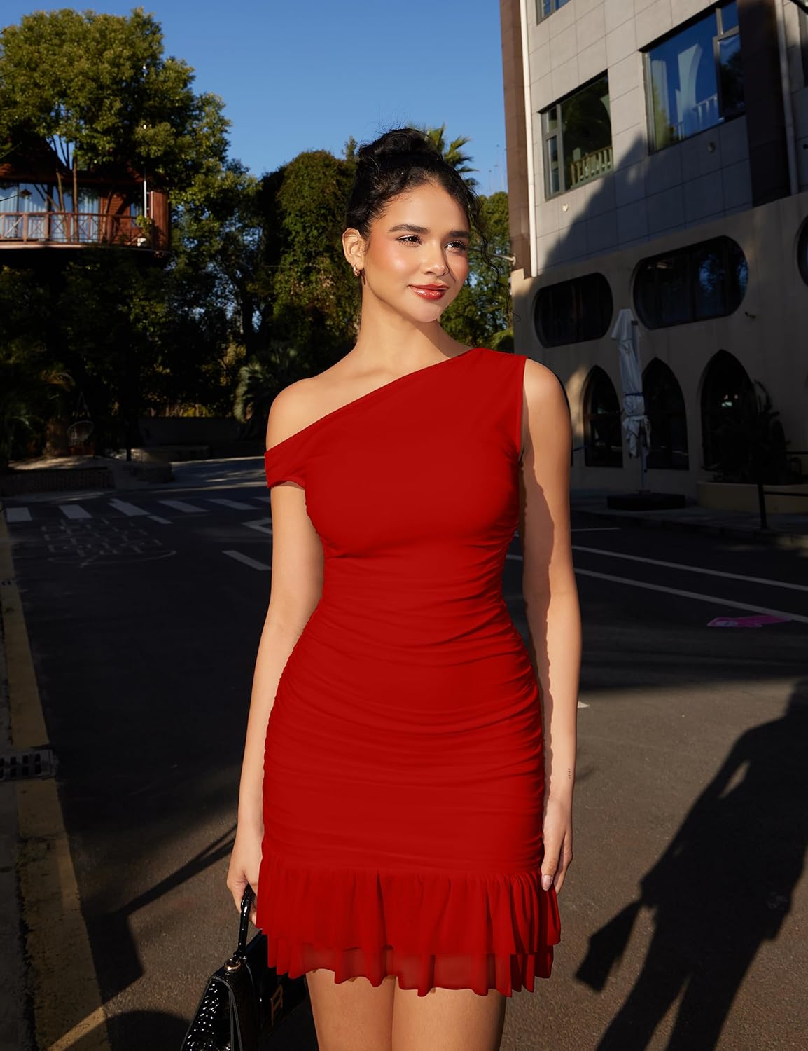 GOKATOSAU Women's One Off Shoulder Sleeveless Bodycon Ruched Mesh Ruffle Hem Mini Dress - Image 3