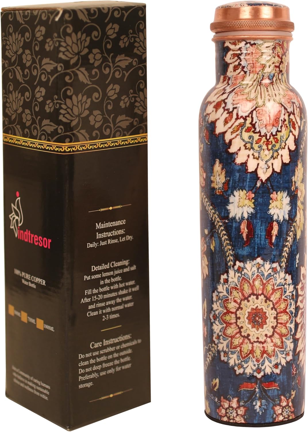 Pure Copper Water Bottle - Handcrafted - Ayurveda health benefits - Large 35 oz - Leak proof - Easy to carry for Sports, Fitness, Yoga, School - Indigo Blue Base Floral Patterns Enamel