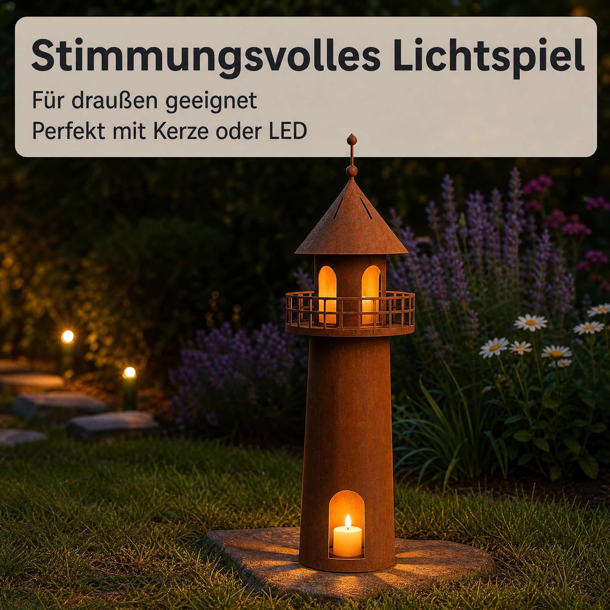 Leuchtturm Deko Edelrost, Gartendeko Metall, 60 cm | Maritime Rostdeko für Garten, Terrasse & Balkon – selbststehend, wetterfest, mit Hohlkörper für stimmungsvolle Beleuchtung