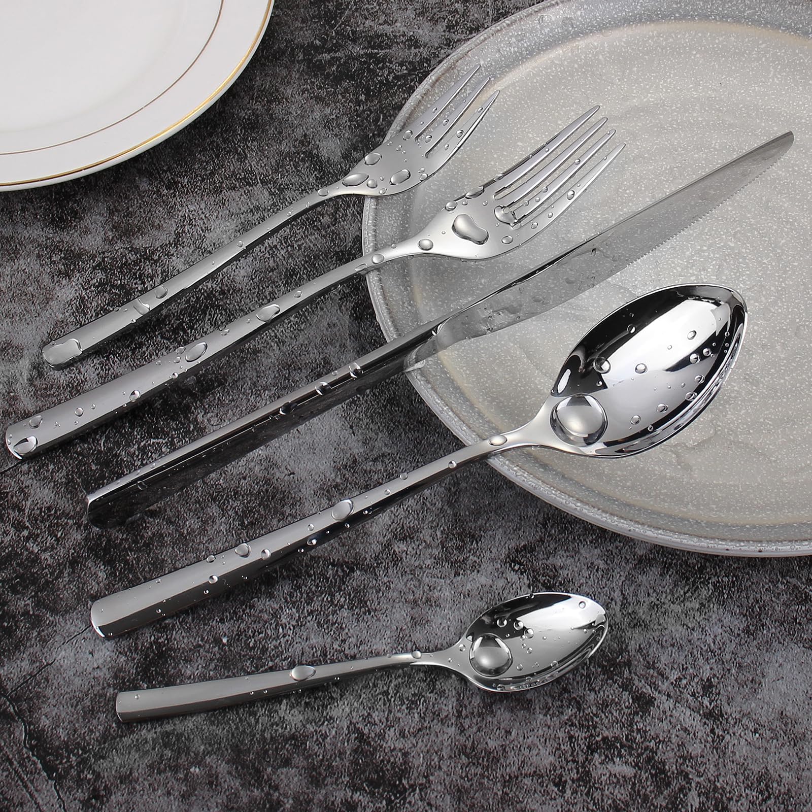Juego de cubiertos para 6 personas, 30 piezas de acero inoxidable, juego de cubertería plateado, elegante acero inoxidable con cuchillo, tenedor, cuchara y apto para lavavajillas