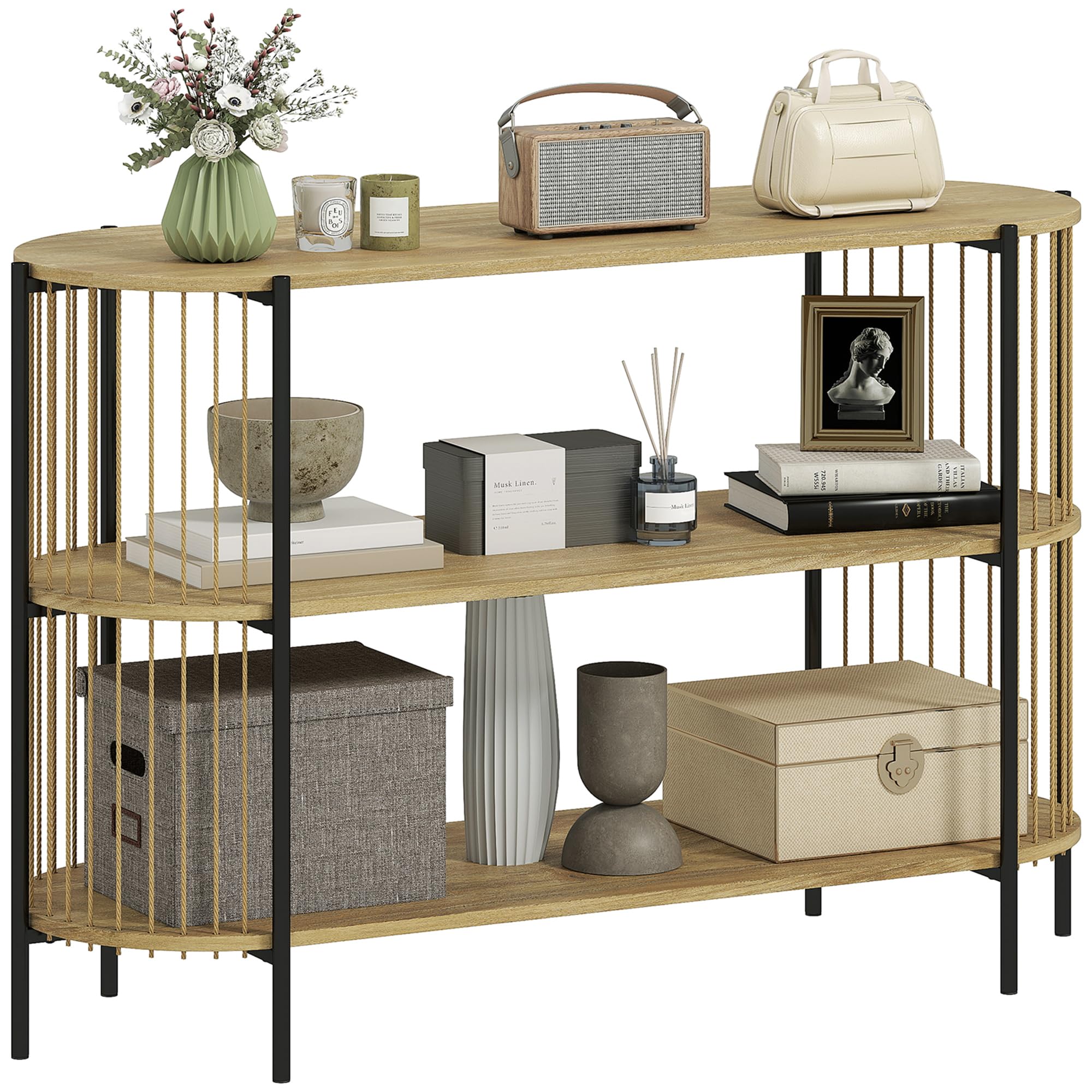 HOMCOM Mesa de Consola Consola Recibidor 124x43,5x80 cm Natural | Cuerda de Papel Trenzada a Mano, 3 Niveles, Marco de Acero, Estilo Bohemio, para Entrada Sala de Estar