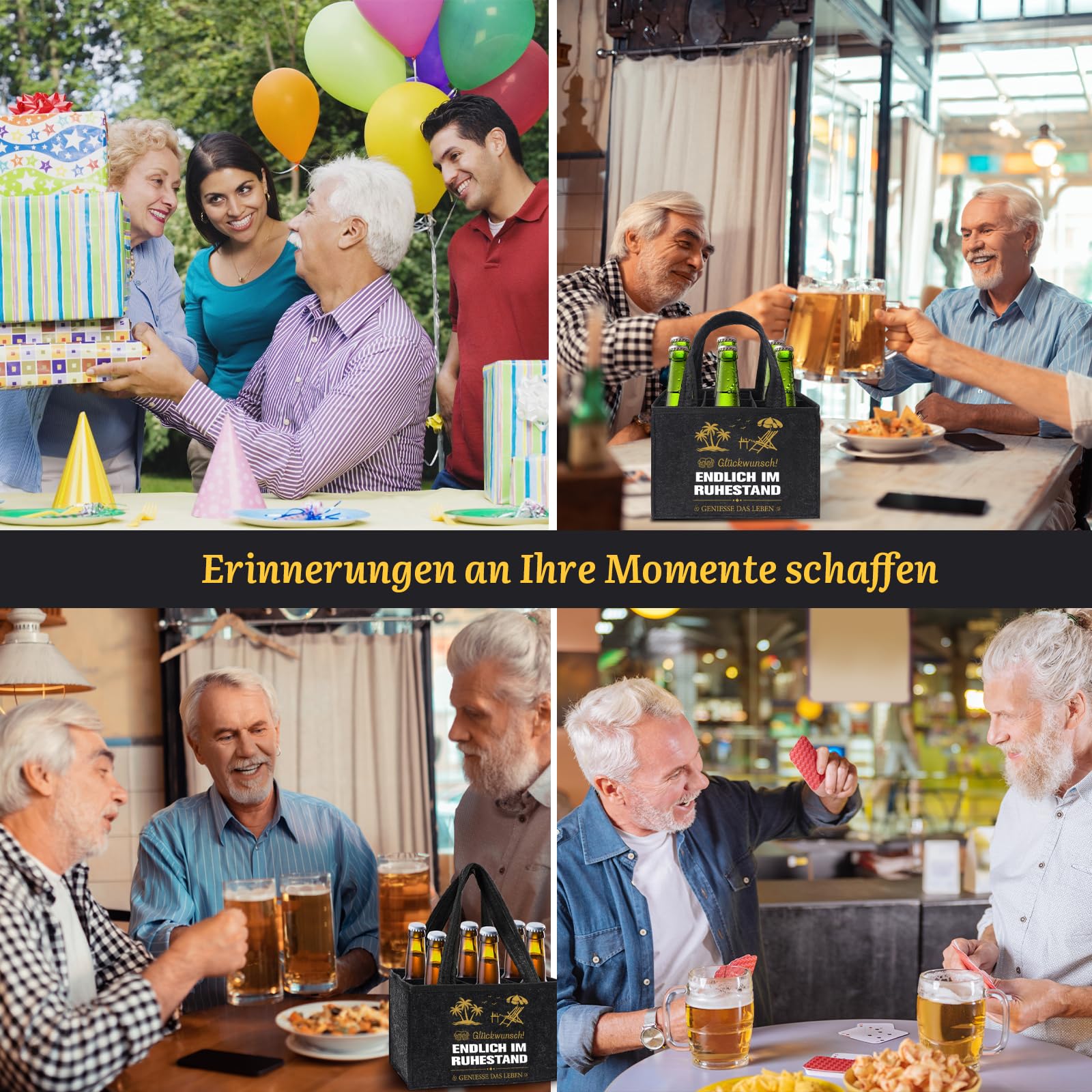 Shining She Renteneintritt Geschenk Männer Männerhandtasche Bier, Filz Flaschentasche 6 Flaschen mit Flaschenöffner Eiszange Bier Socken Grußkarten, Rente Geschenk Mann für Kollegen Freund Opa