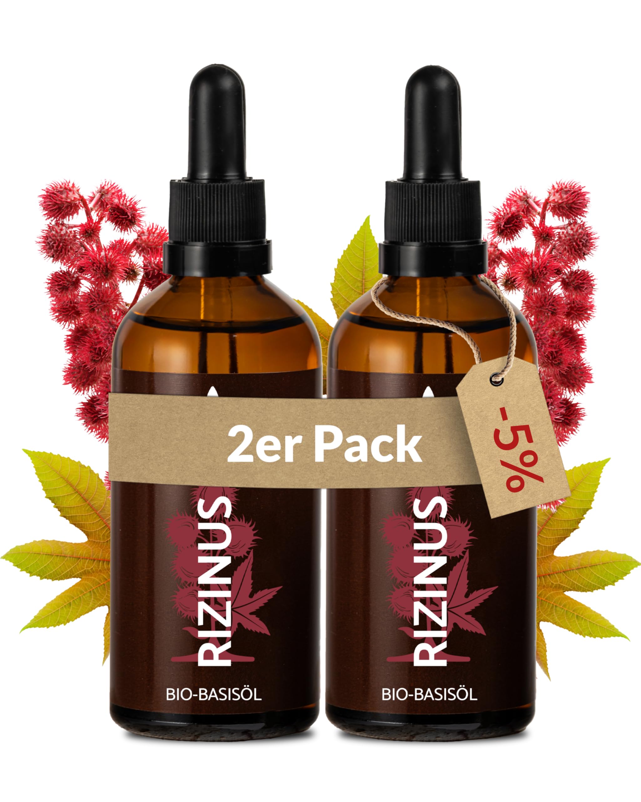 Heldengrün® BIO Rizinusöl Haare [100% NATURREIN] - Castor Oil - Dermatologisch getestet - Kaltgepresstes Rizinus Öl - Booster für Haare, Wimpern, Augenbraun & Bart - 2 x 100 ml