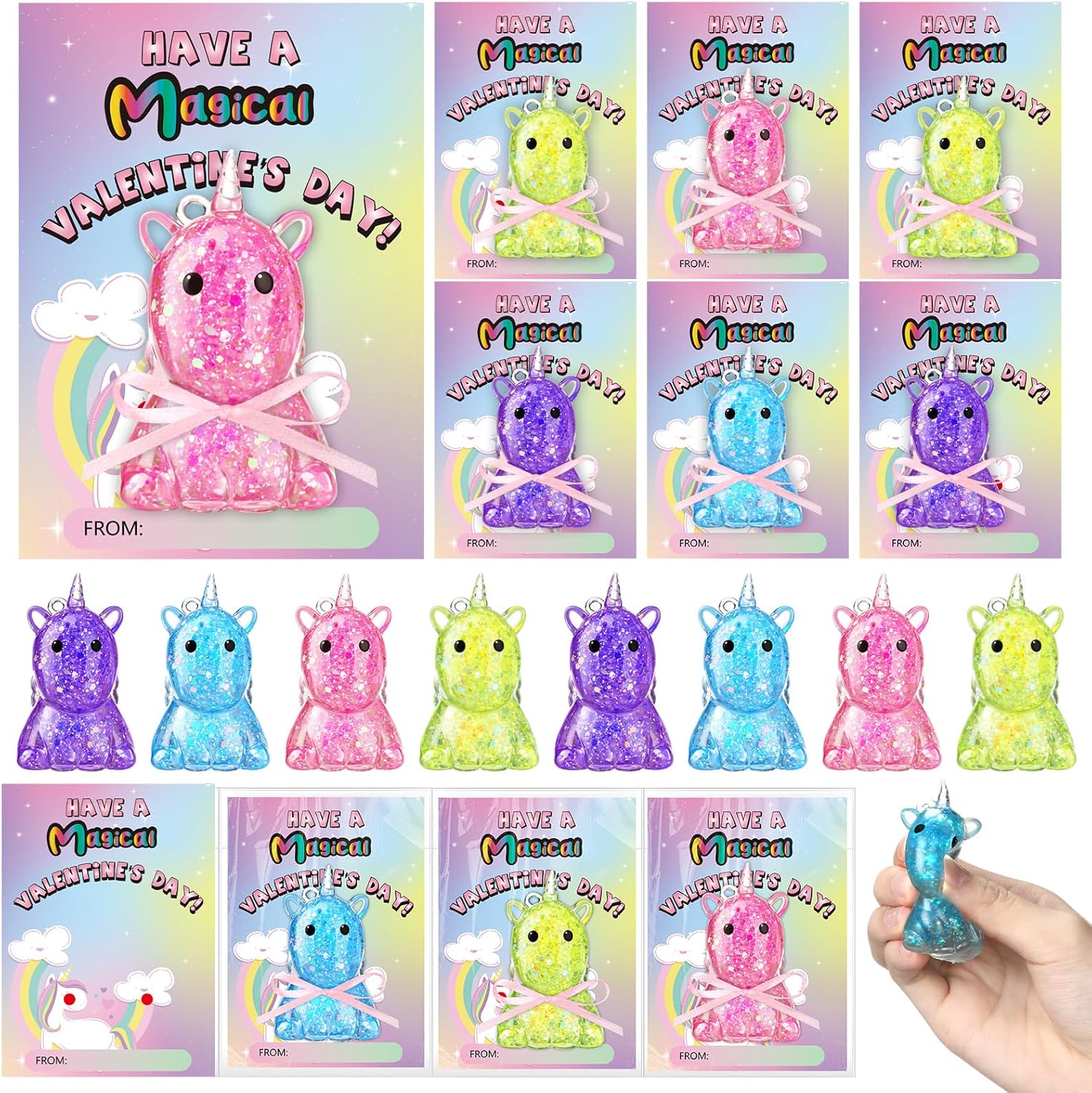 24 Pcs Valentine's Day Gifts Bulk Unicorn Squeeze Stress Balls Glitter Unicorn Sensory Fidget Strechy with Greeting Cards Bags for Valentine's Day Gift Exchange Party Favors Rewards Prizes