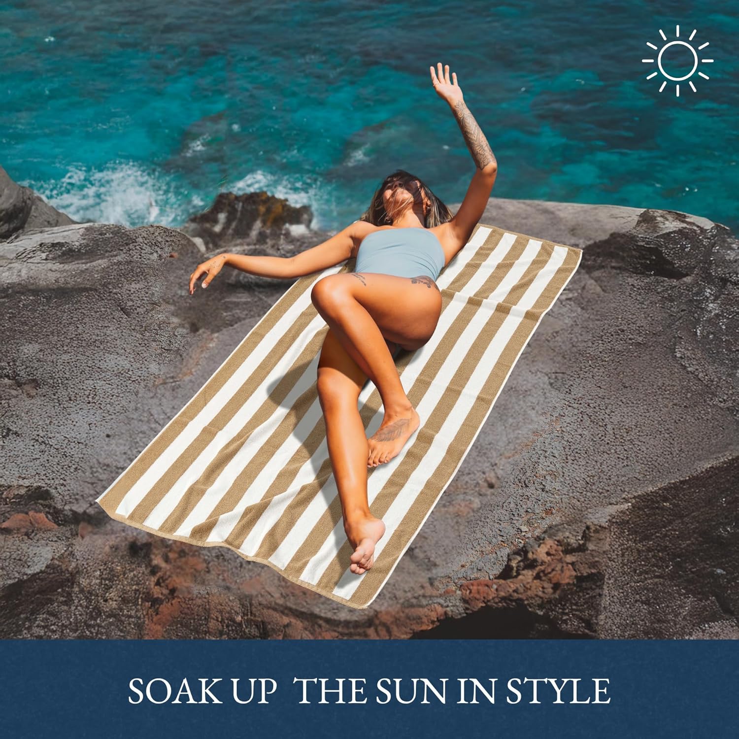 LANE LINEN 100% Cotton Beach Towel - Pack of 2, Cabana Stripe Pool Towels, Oversized Beach Towels for Adults (30" x 60”), Super Absorbent, Large Beach Towels, Quick Dry Towel - Biege - Image 6