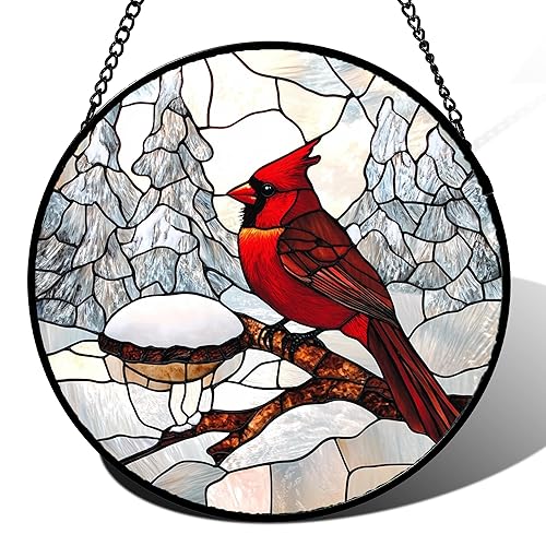 CRISGIF Stained Glass Window Hanging Cardinal Bird Winter Snow Scene
