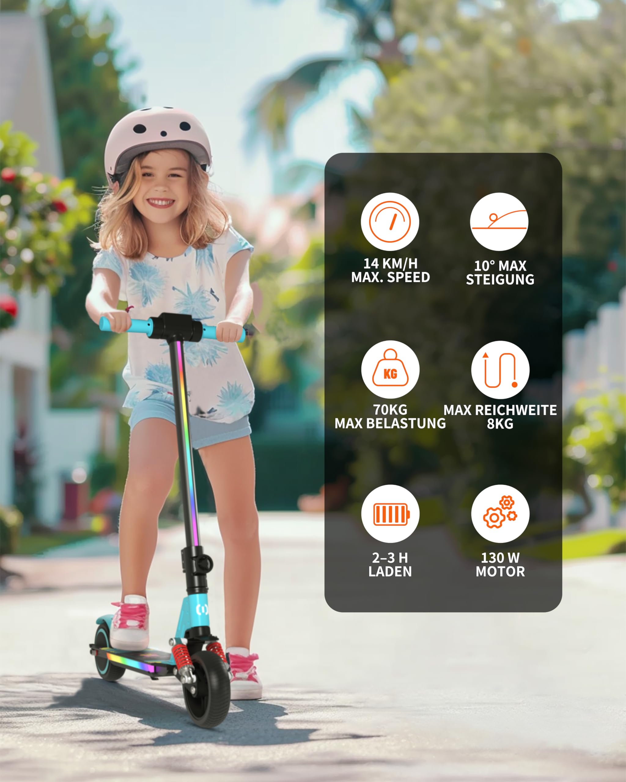 Monopattino elettrico per bambini dai 6 ai 12 anni, con luce arcobaleno colorata, portata di 5 – 8 Km, scooter elettrico pieghevole per bambini, 130 W, per ragazzi