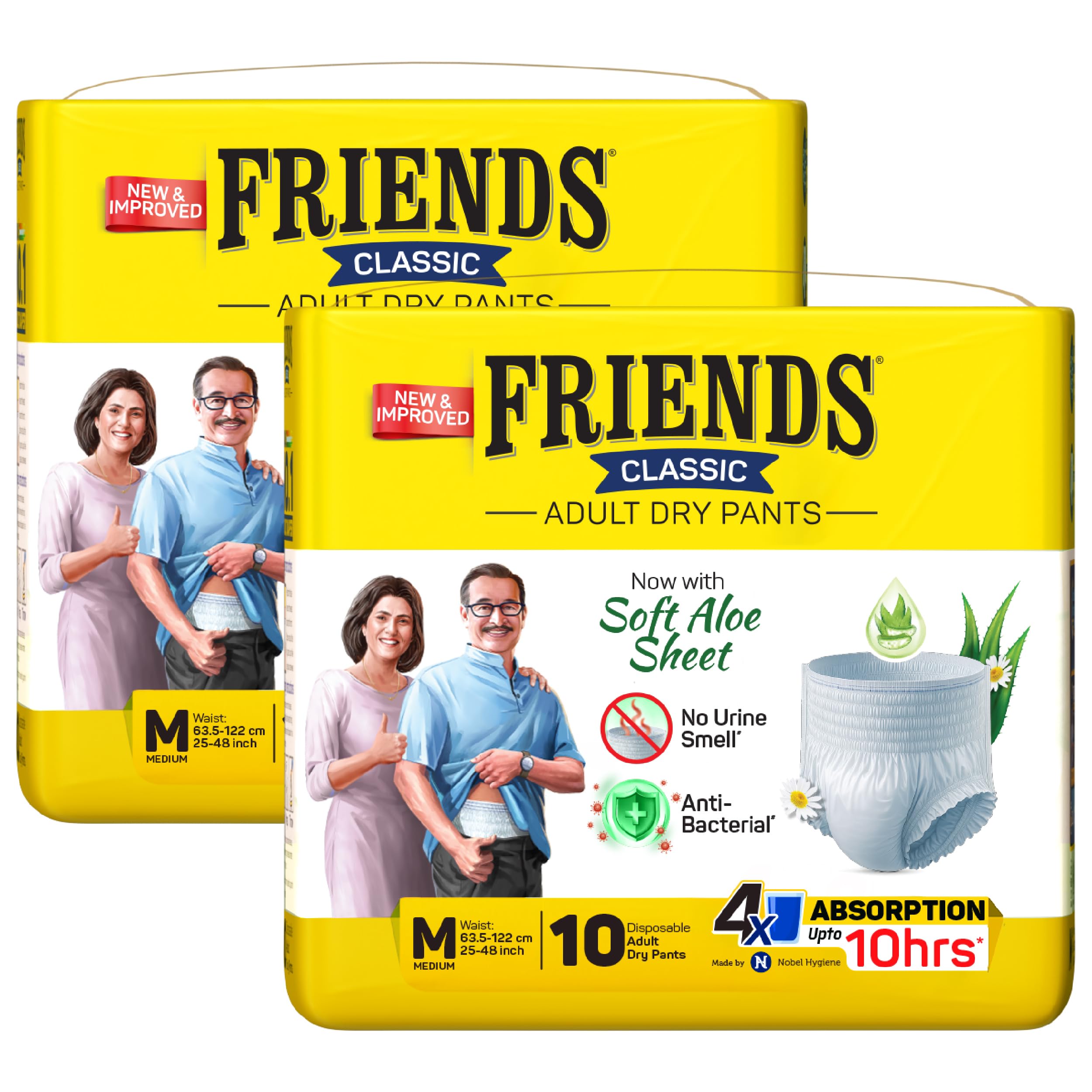 Friends Classic Adult Diaper M Size Pants | 20 Count (Medium) | Waist 25 – 48 inch | Aloe Vera | Unisex | Leakproof | Quick & Even Absorption | Long Protection hours | Brief-Like Fit | Odour Lock | Elastic Waist & Anti-Bacterial Absorbent Core