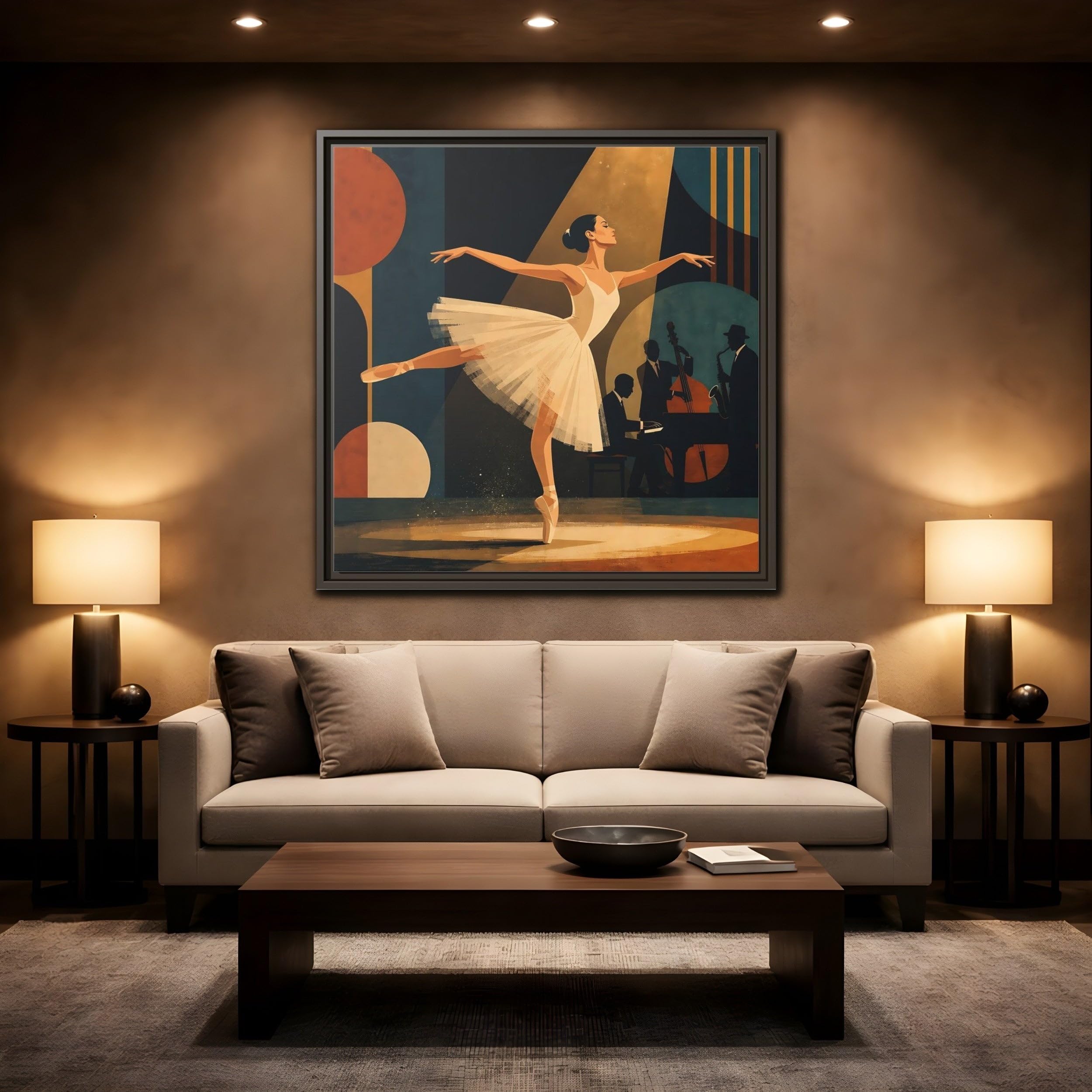 Vintage Ballerina Jazz Framed Canvas Print Wall Art – Deco Living Room, Above Console Table 12×12 inch (30×30 cm) - Square/Black / 1.25 inch (3 cm)