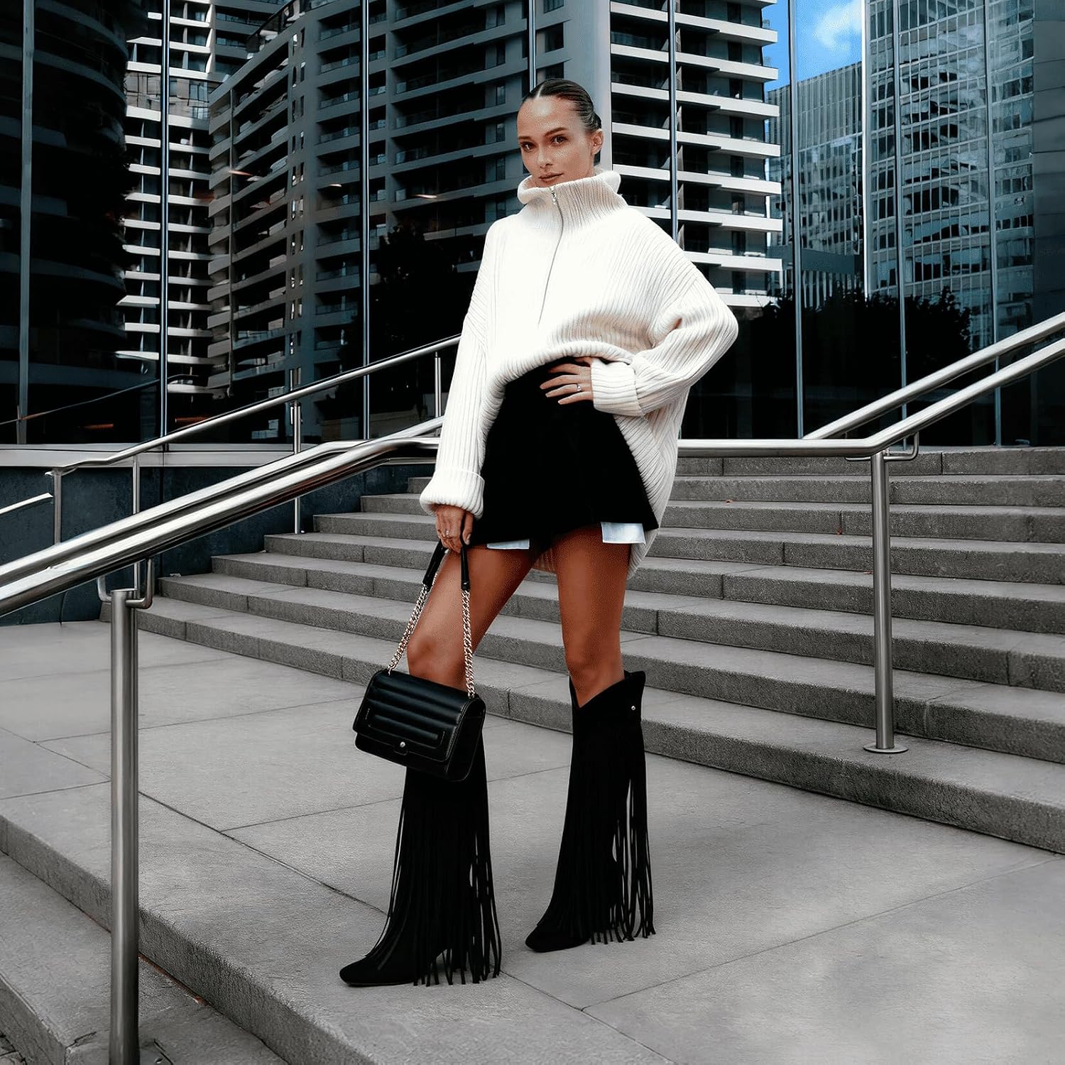 Mattiventon Knee High Boots for Women Fashion Fringe Boots with Square Toe Chunky Heel Pull On Suede Tall Boot for Party Dating