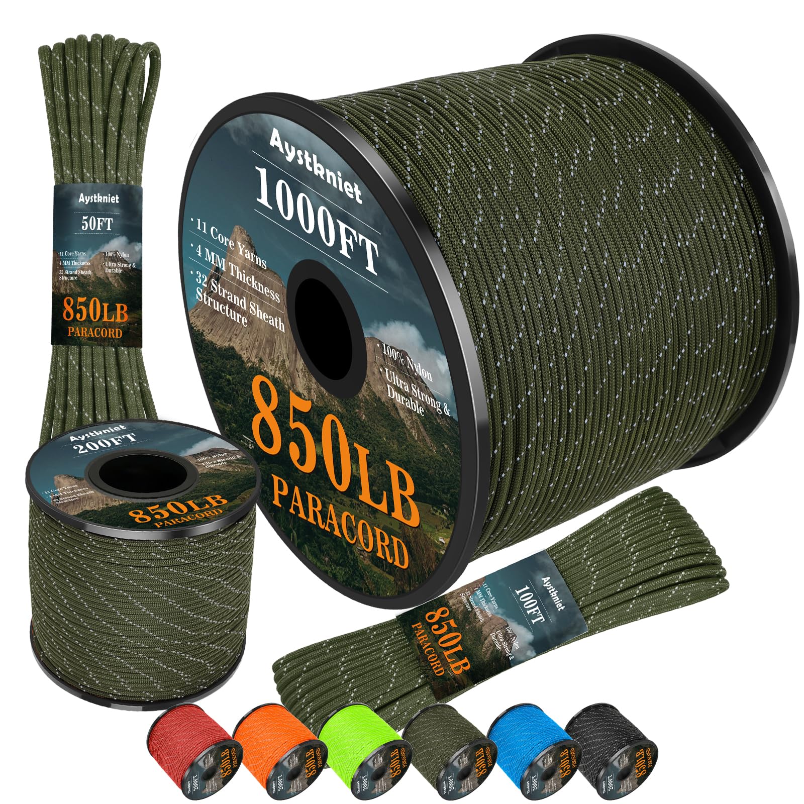 Aystkniet Reflective Paracord 850Ib, 4MM Rope, 11 Strands Outdoor Para Cord, Utility Parachute Cord Tactical Cord for Camping Hiking Survival Crafting DIY, 15M Army Green