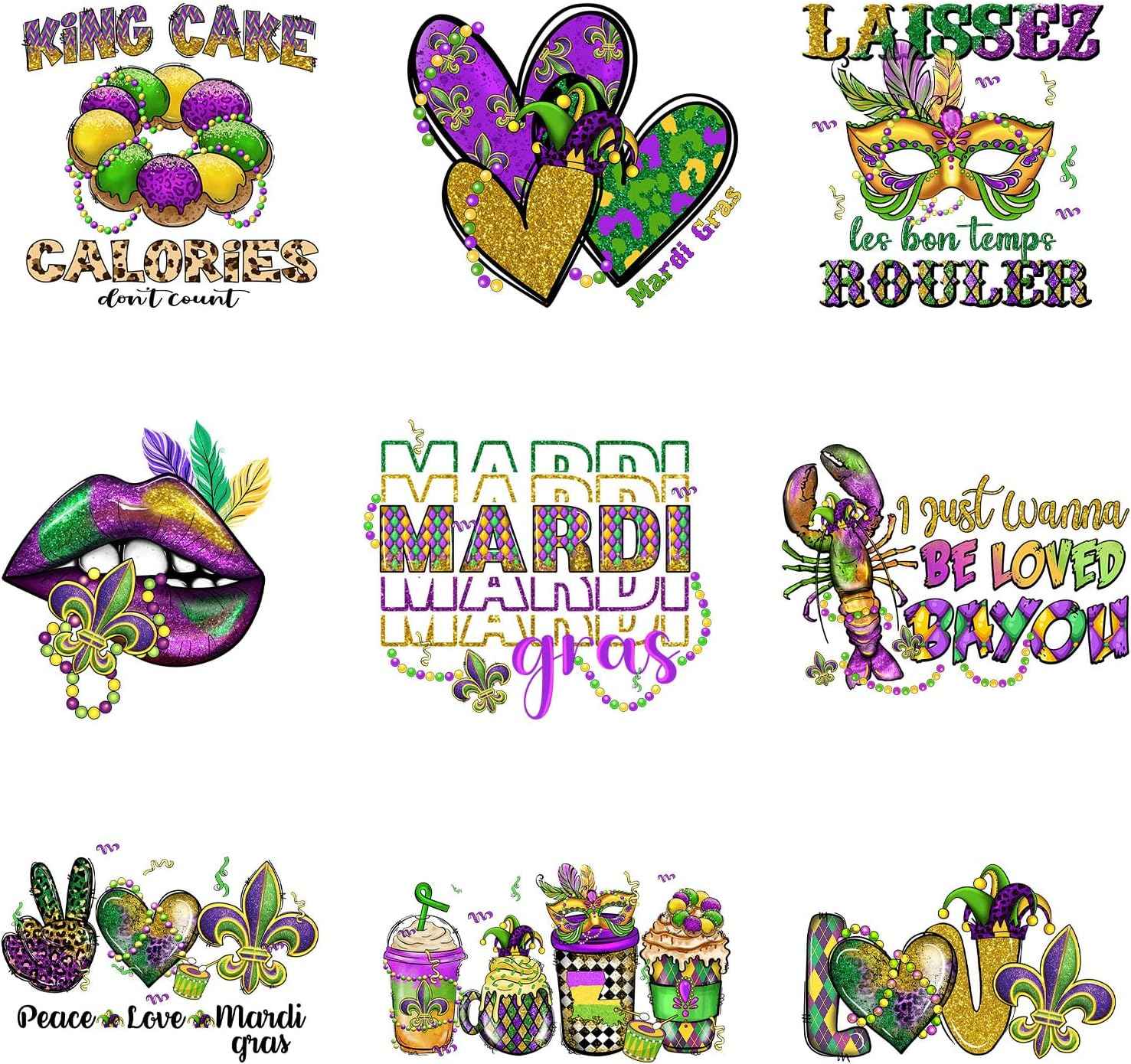 9pcs Mardi Gras Love Iron On Decals Thermal Transfer Stickers for Clothing Sublimation Patches Iron On Transfer Heat Press Vinyl for Shirts Pillow Covers Applique