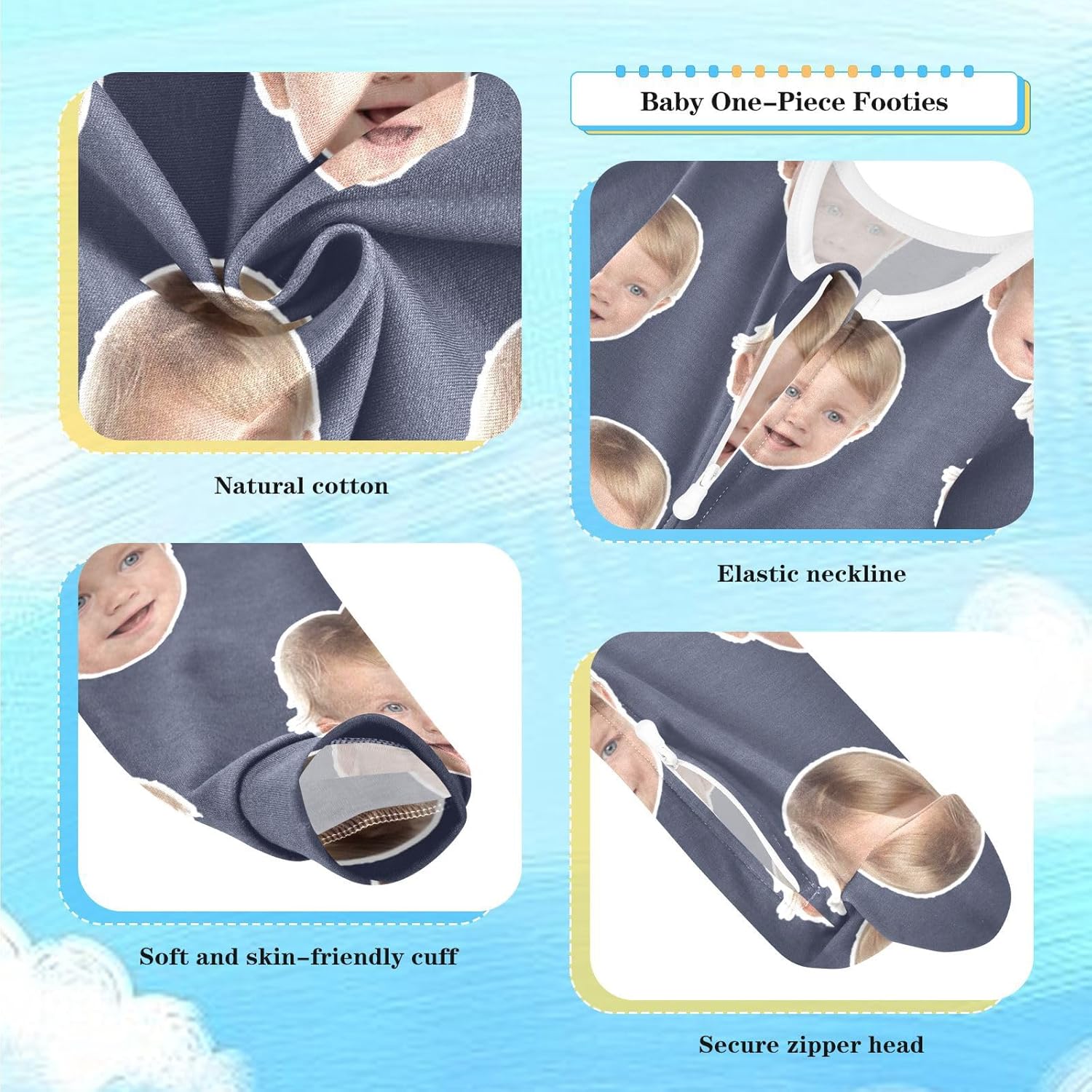 DOMIKING Unisex Custom Photo Baby One-Piece Pajamas Infant Footies Pesonalized Sleeper Pjs for Sleep Play 3-24M
