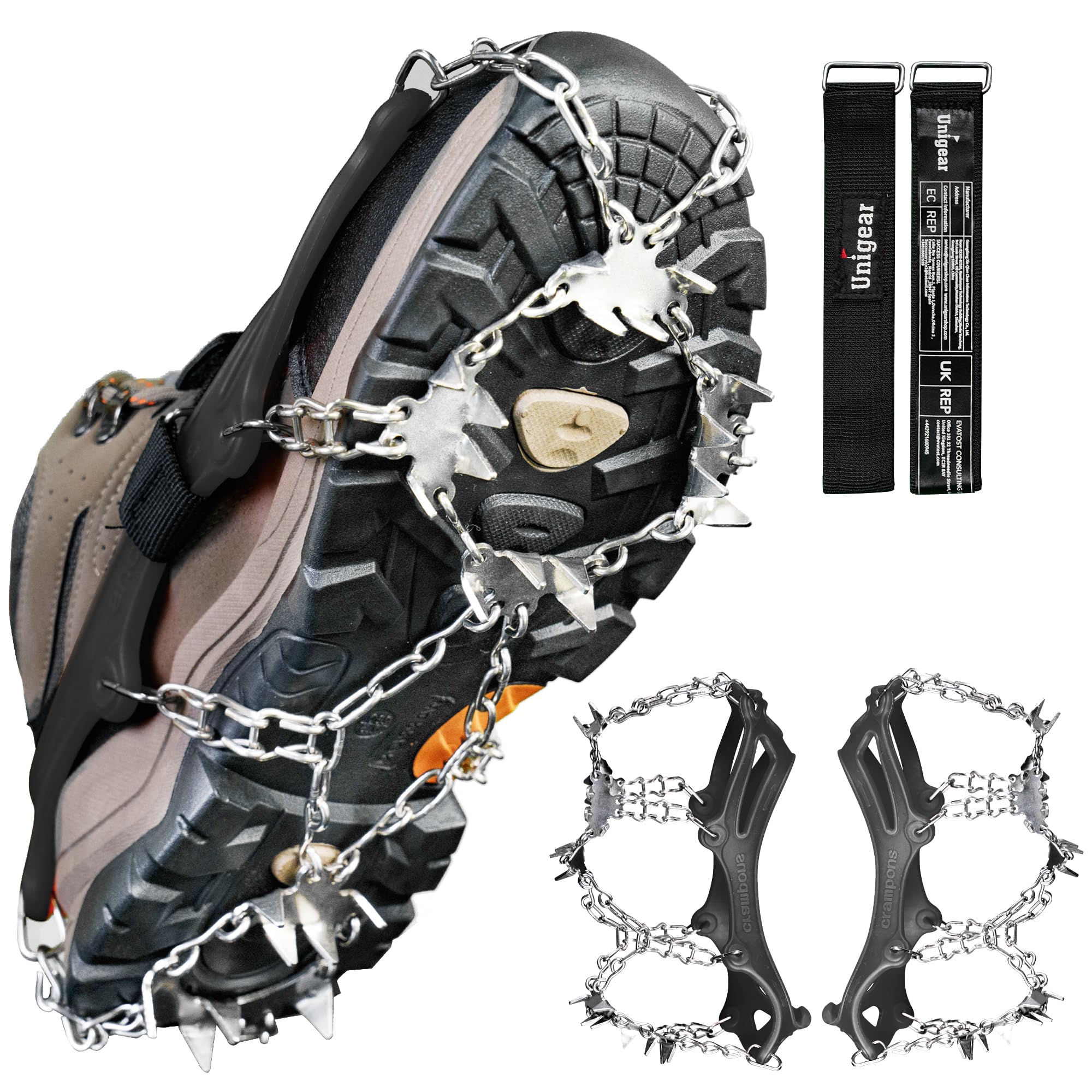 Unigear Ramponi da Ghiaccio per Scarponi 24 Denti 201 Copertura in Acciaio con Catene in Acciaio Inossidabile per Camminare su Neve e Ghiaccio