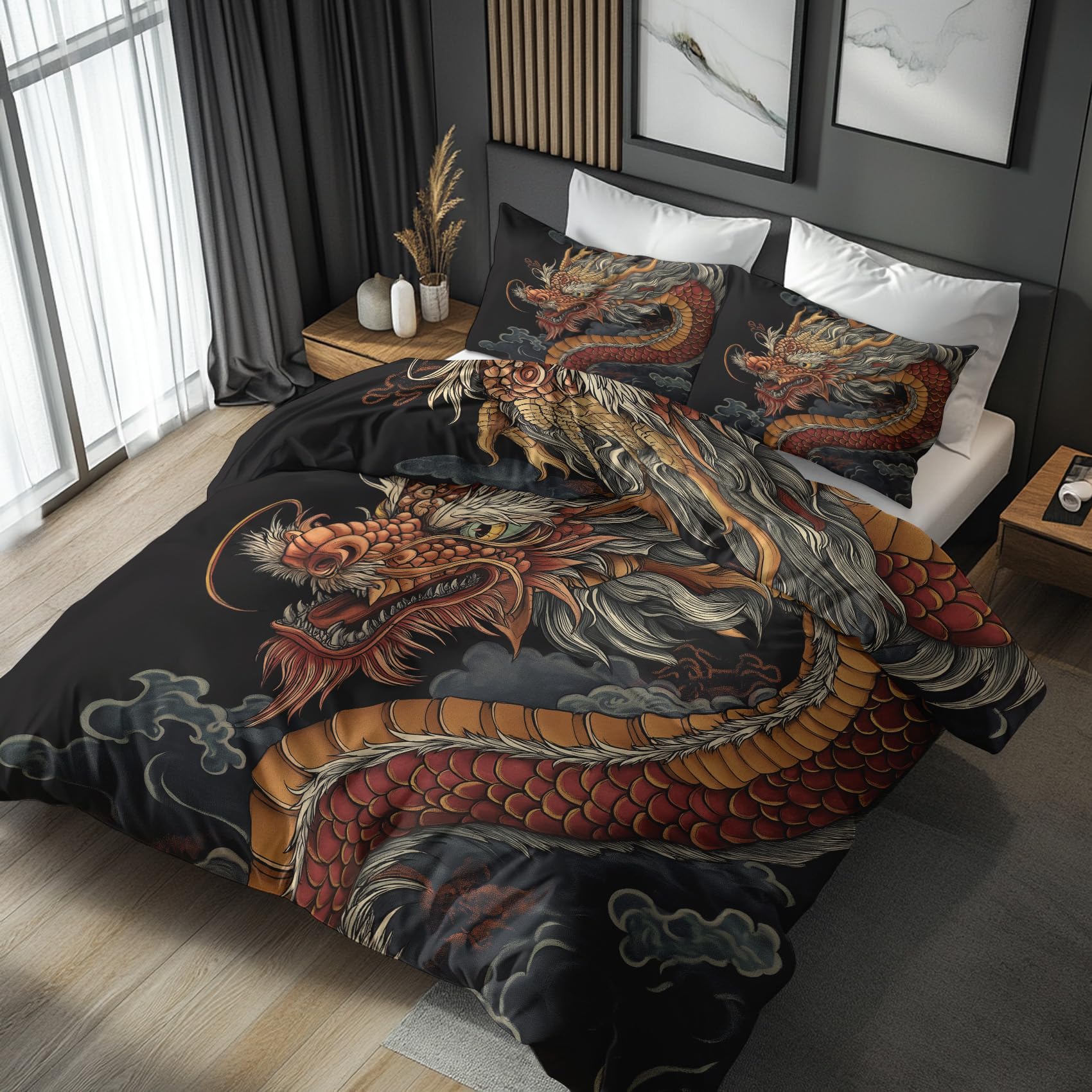 Nogawa Multicolor Japanese Dragon Bedding Sets King Size - Chinese Duvet Cover King Size, Reversible Quilt Cover & 2 Pillowcases With Zip And Ties, Ultra Soft And Breathable Brushed Microfibre Bed Set