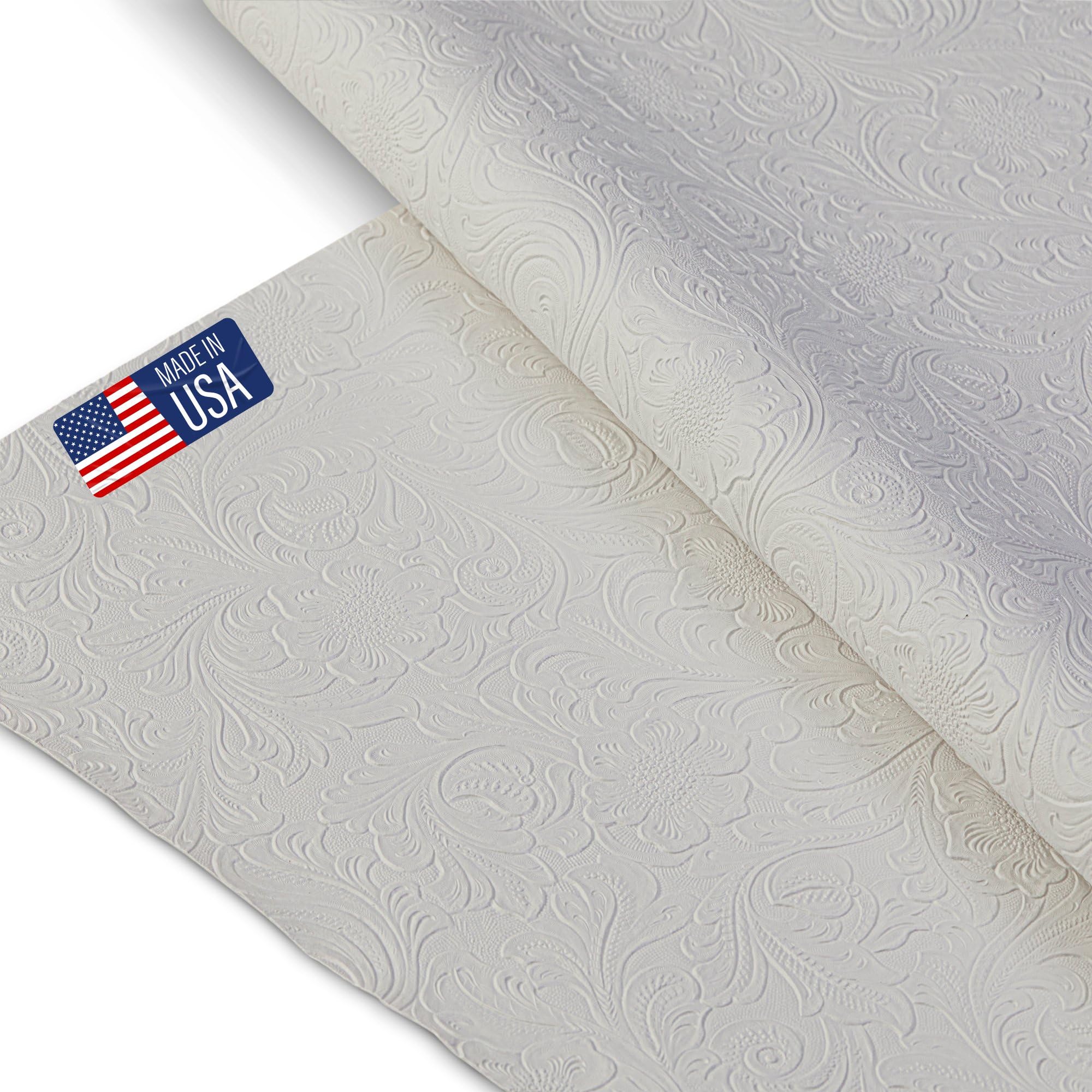 Tooled Faux Leather Western Cowboy, Floral Embossed Vinyl, Craft DIY and Upholstery Textured PU Pleather Fabric - Individual 1 Yard Cut 36"x54" (White