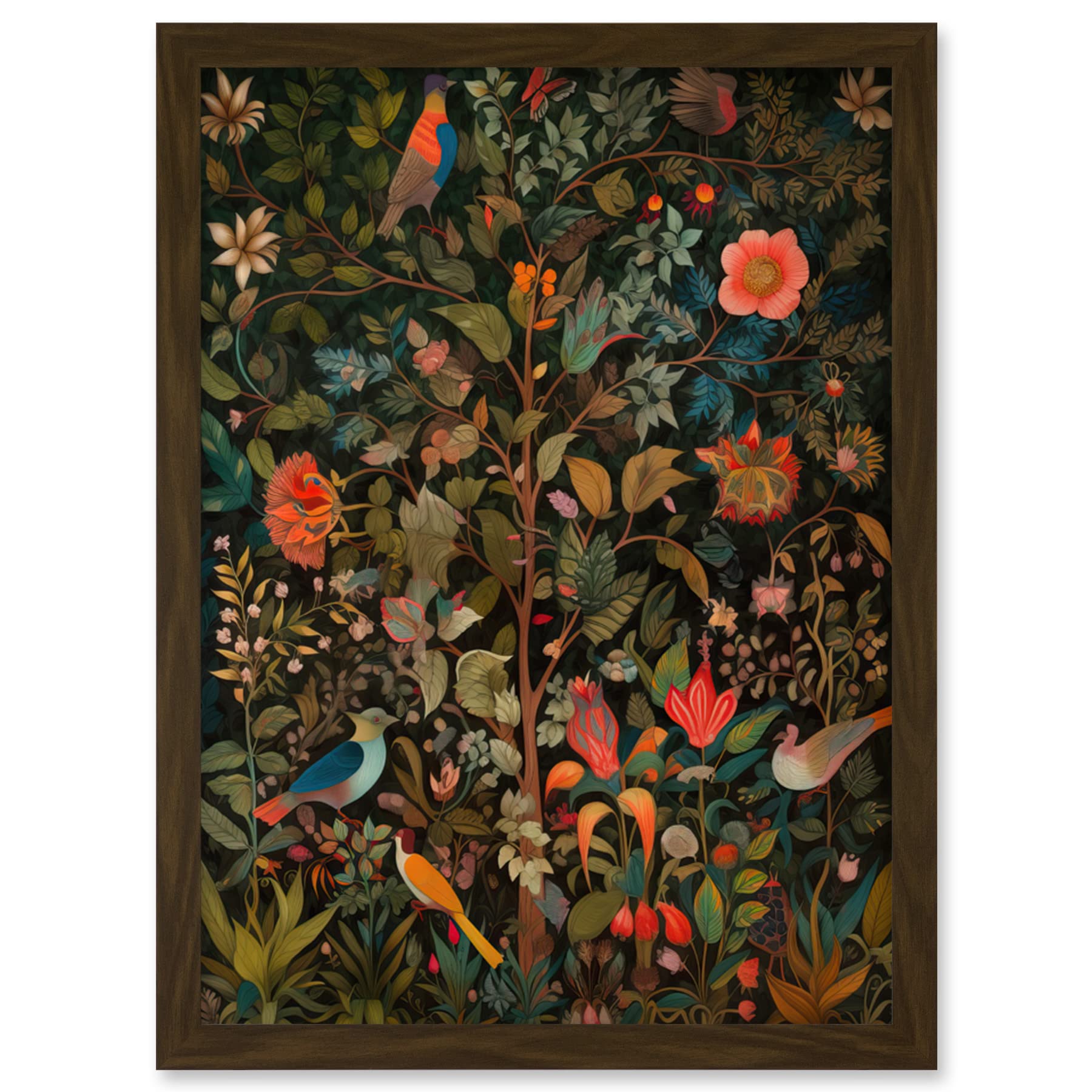 Artery8 Birds on Blooming Trees in Spring Modern Folk Art Artwork Framed Wall Art Print A4