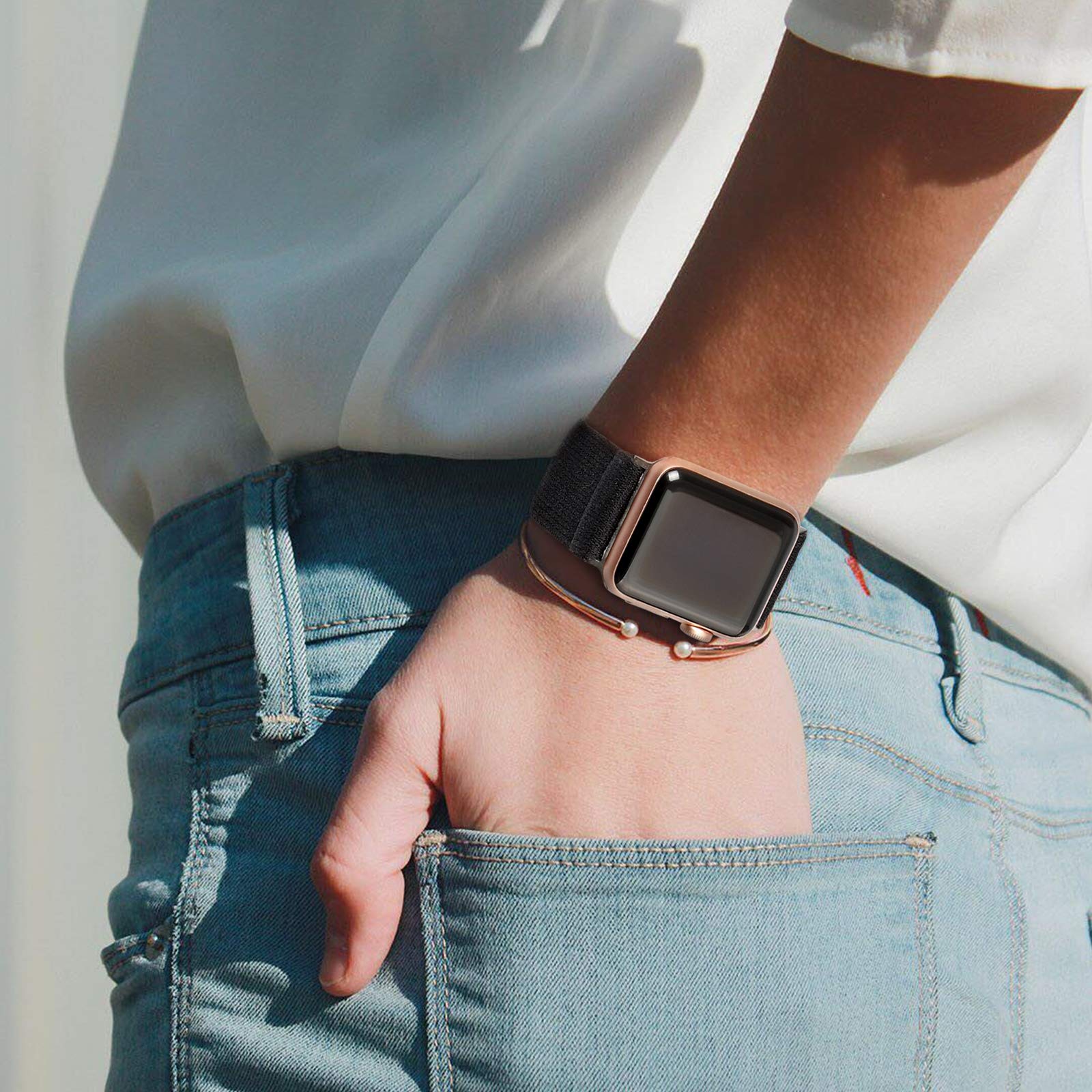 BMBEAR Stretchy Solo Loop Bands Compatible with Apple Watch 38mm 40mm 41mm Braided Elastic Weave Nylon Wristbands Women Men Straps for iWatch Series 7/6/5/4/3/2/1/SE Dark Black — view 5