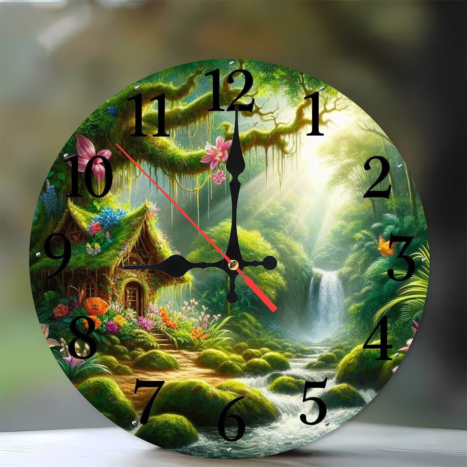 Horloge murale moderne en bois de 35 cm avec paysage de cabane dans la jungle