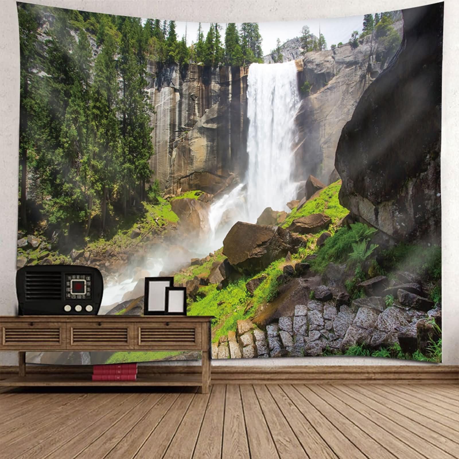 Homxi Tapiz para Sofá 200 W x 200 H CM, Cascada y Árboles, Tapices de Sofá Poliéster, Gris Verde