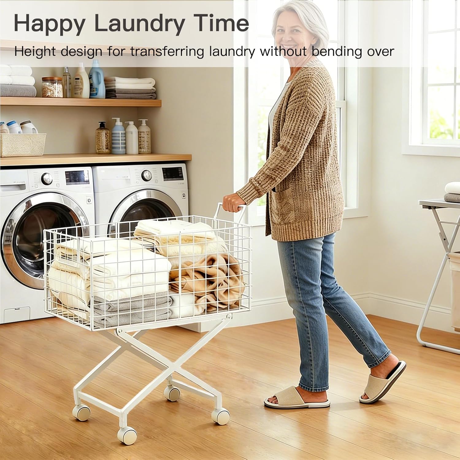 Rolling Laundry Basket with Wheels - 27" Elevated Wire Laundry Hamper, 80L Sturdy Metal Laundry Cart, 10-Min 8-Screw Assembly, Ergonomic No-Bending Mobile Clothes Bin for Laundry Room (White)