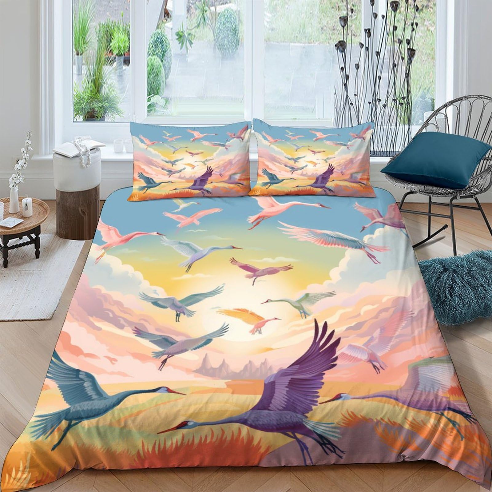 Housse de couette grue 220x240 cm et taies d'oreiller pour lit double