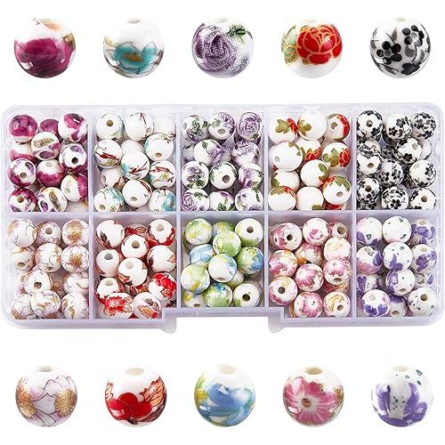 PH PandaHall 200pcs 10 Style Porcelain Flower Beads 8mm Traditional Chinese Handmade Spacer Beads for Necklace, Bracelet, Earring Making Christmas Tree Ornament