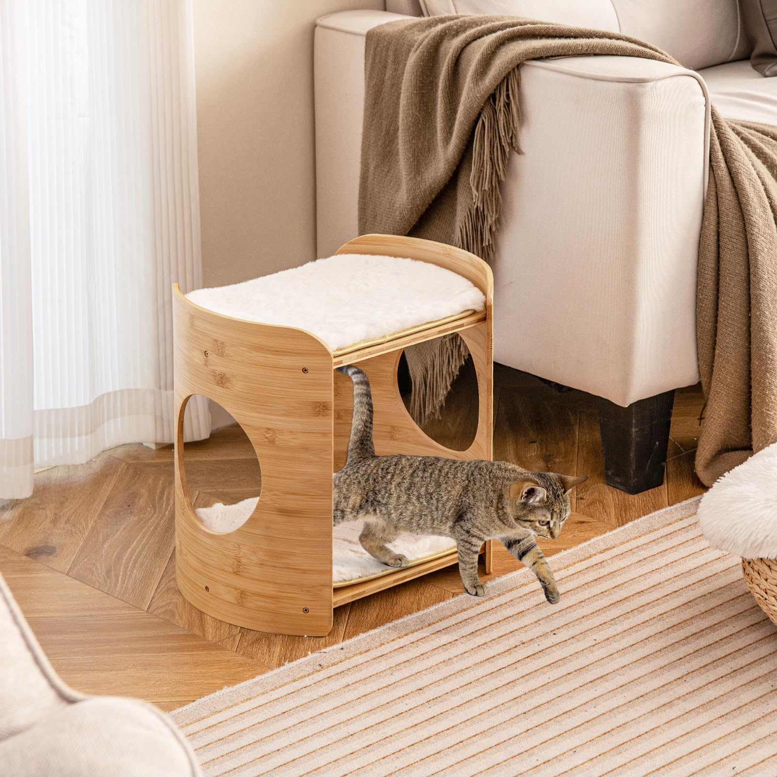 GOPLUS Torre para Gatos de 2 Niveles, Interior, Bambú con Camas Dobles, Cojines Lavables, Acceso para Gatos y Gatitos Pequeños