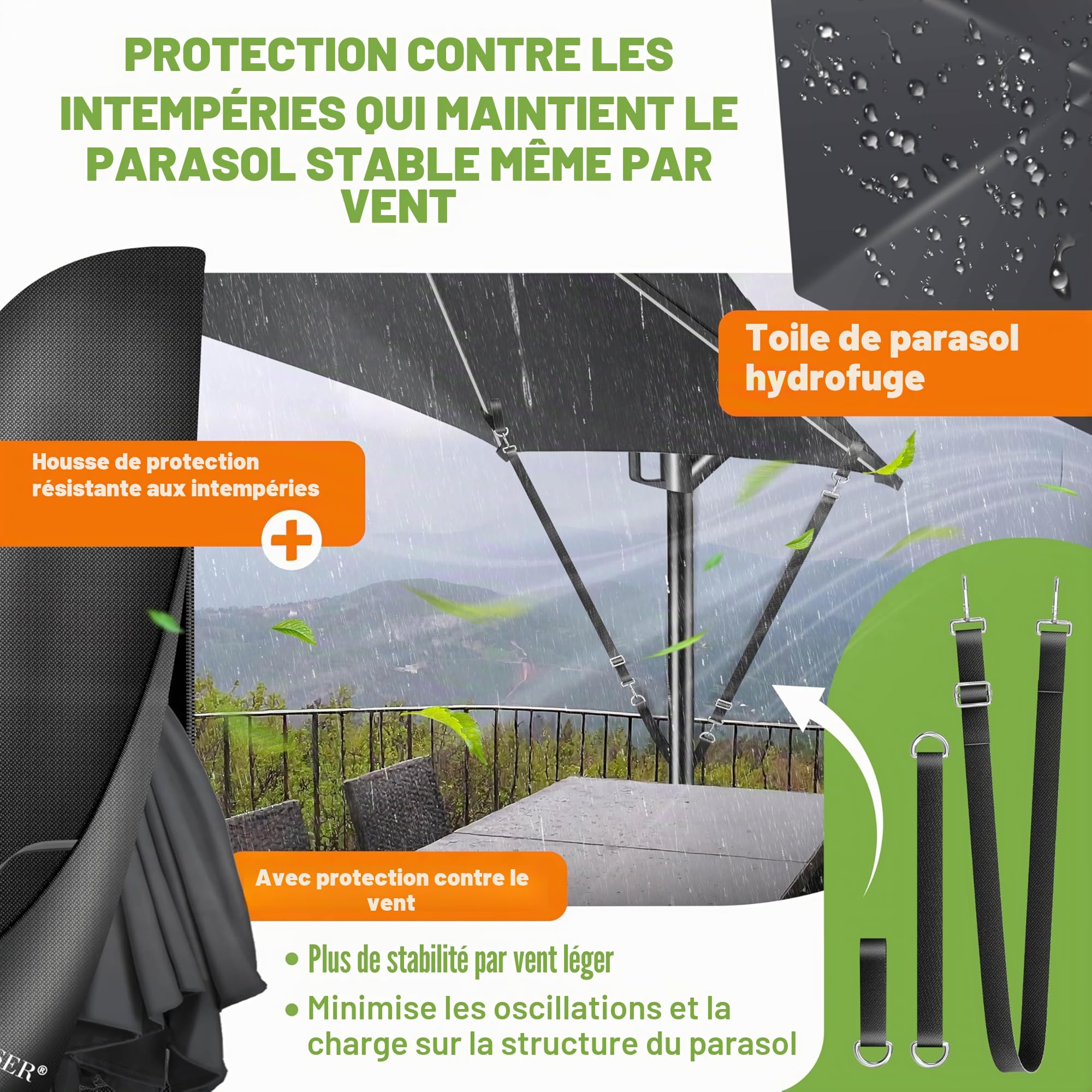 KESSER Parasol solaire LED en aluminium - Diamètre 300 cm - Télécommande, housse, cordes de sécurité - Manivelle, support - 360 ° - Protection UV