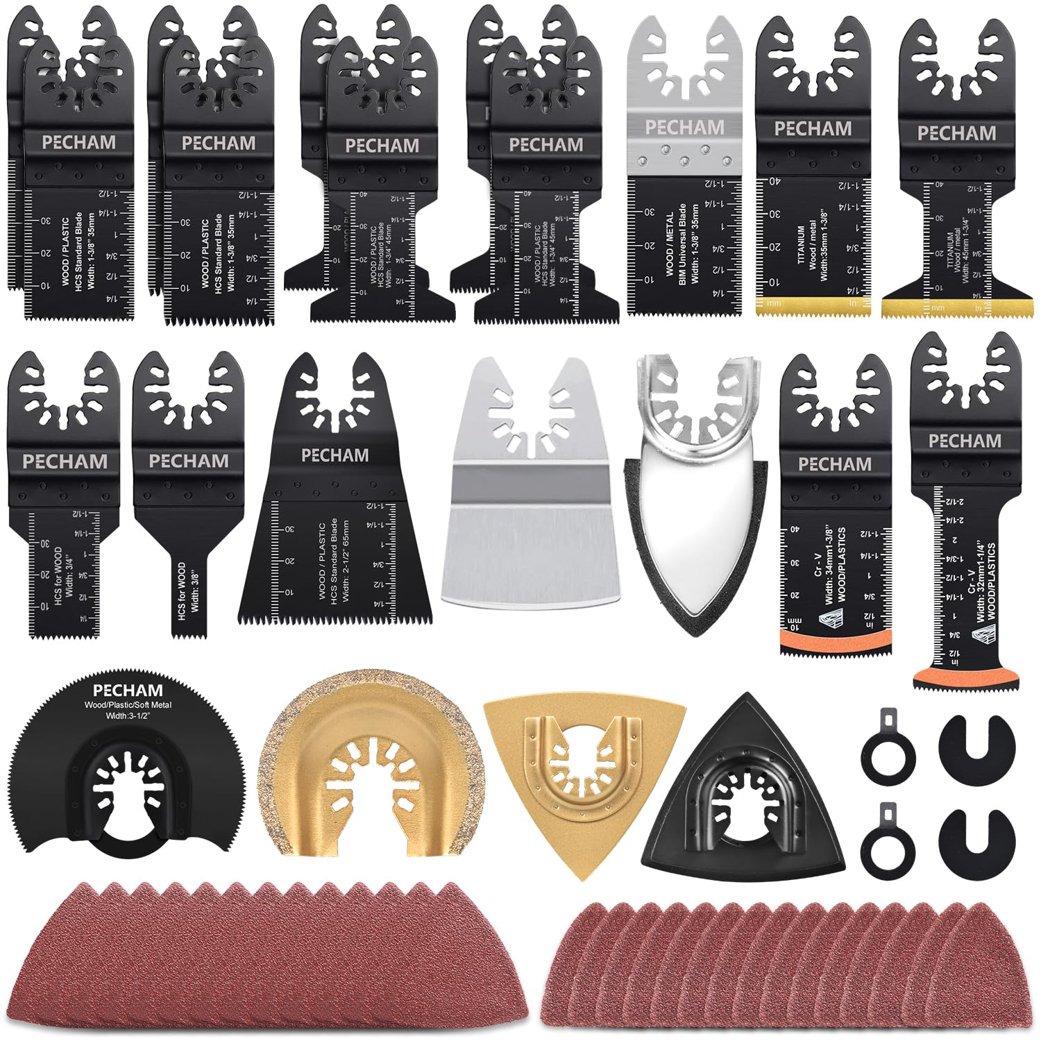 PECHAM 104 cuchillas oscilantes multiherramienta, corte de metal de madera y papel de lija, accesorios de herramientas oscilantes con dientes rápidos de titanio, hoja multiherramienta de dientes