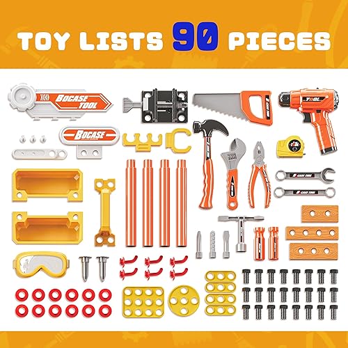 Miniatura 6 de BELLOCHIDDO Banco de herramientas para niños, 90 herramientas y accesorios de juguete realistas, banco de trabajo para niños 4 en 1 con taladro