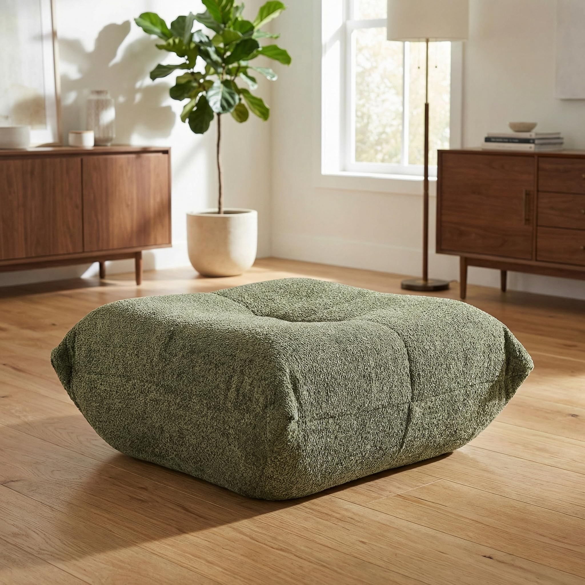 Sofá modular con chaise longue de chenilla verde de 4 módulos adaptables a salones modernos