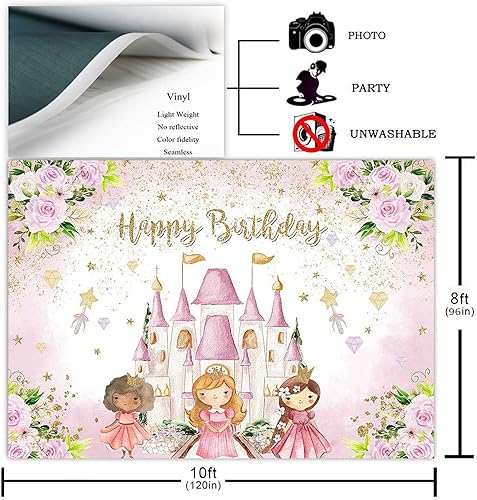 Vista 6 de Avezano Telón de fondo de cumpleaños de castillo de princesa, rosa, floral, decoración de fiesta de cumpleaños para niñas dulces, estrellas doradas