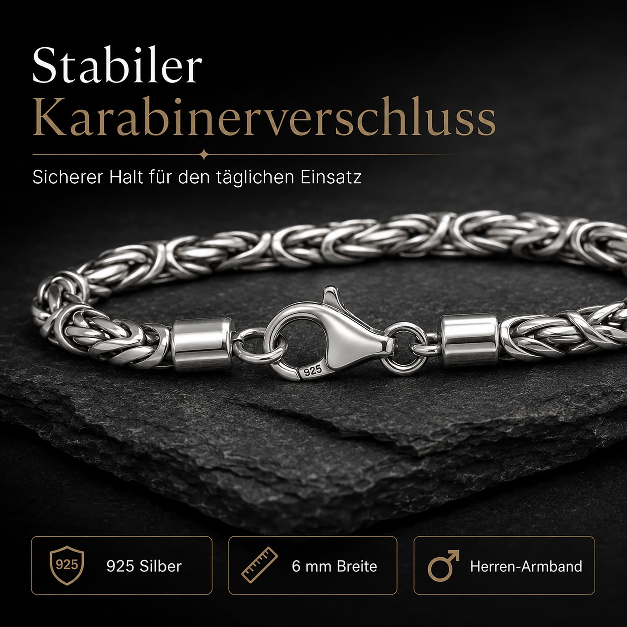 Königskette Armband 925 Silber Herren 6 mm handgefertigt 102094-0 | Massives 925er Sterling Silberarmband mit Schmuck Box Königsketten-Armband in den Längen 19 21 23 cm verfügbar