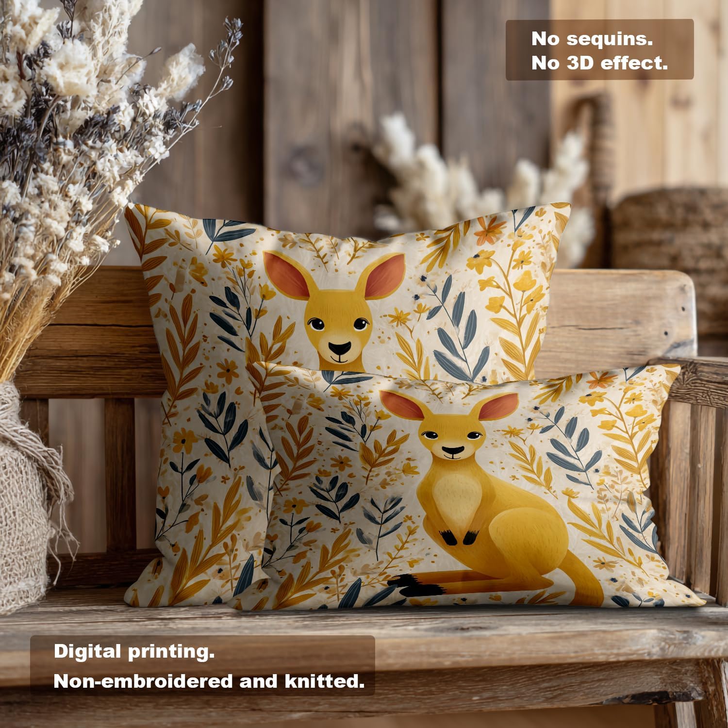 Cute Kangaroo Throw Pillow Covers, Light Yellow Kangaroo with Flowers Cushion Cover Digital Blended Hidden Zipper Decorative Pillowcases for Bedroom Lumbar 20X26 in 2 Pcs