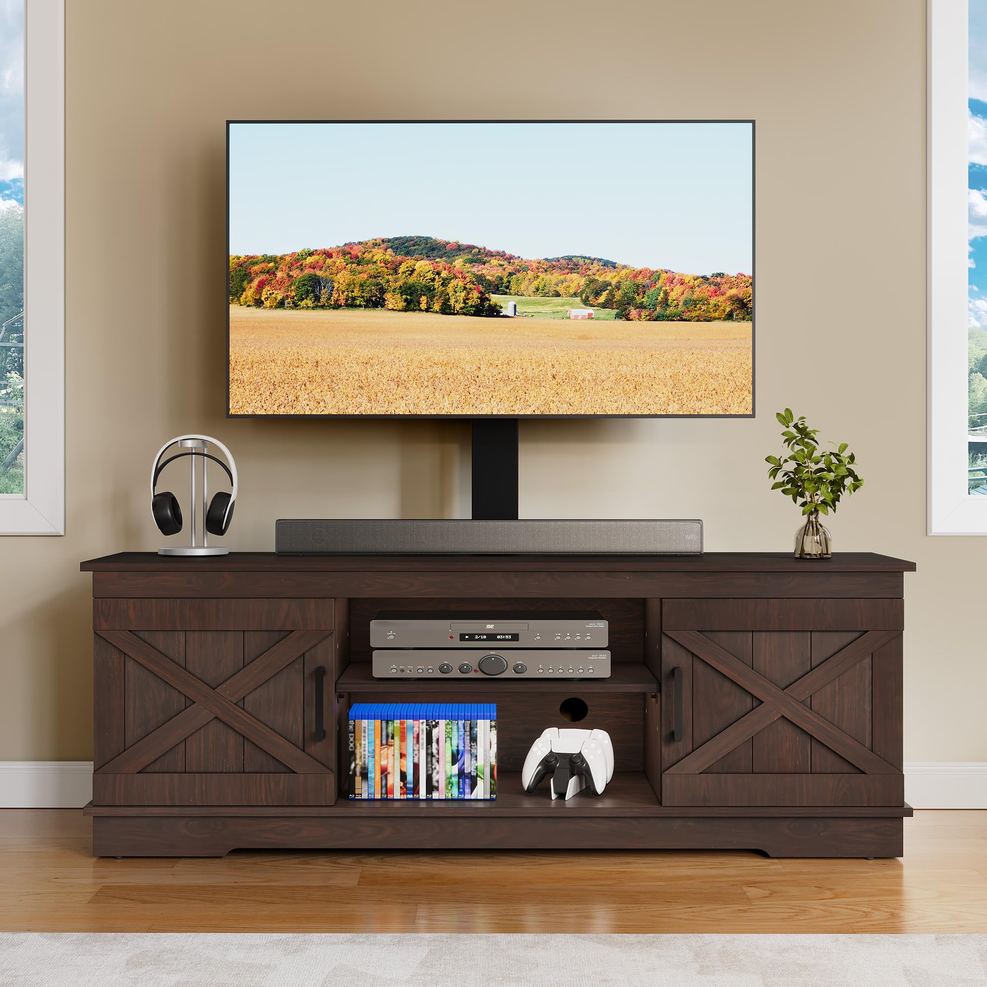 YITAHOME Farmhouse TV Stand with Mount, Sturdy TV Stand Mount for 32/45/55/60/65/70 inch TVs, Entertainment Center with Adjustable Shelf, TV Cabinet Media Console for Living Room, Espresso