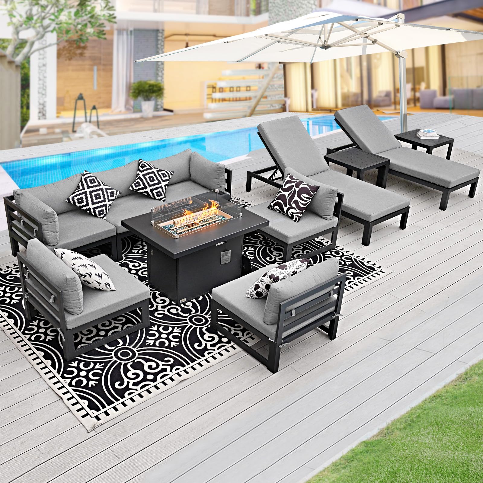 BULEXYARD 11 Pcs Modern Aluminum Patio Furniture Set, 500 lbs Heavy Duty Outdoor Sectional Sofa with Lounge & Fire Pit Table, 29" Deep Wide Seated,