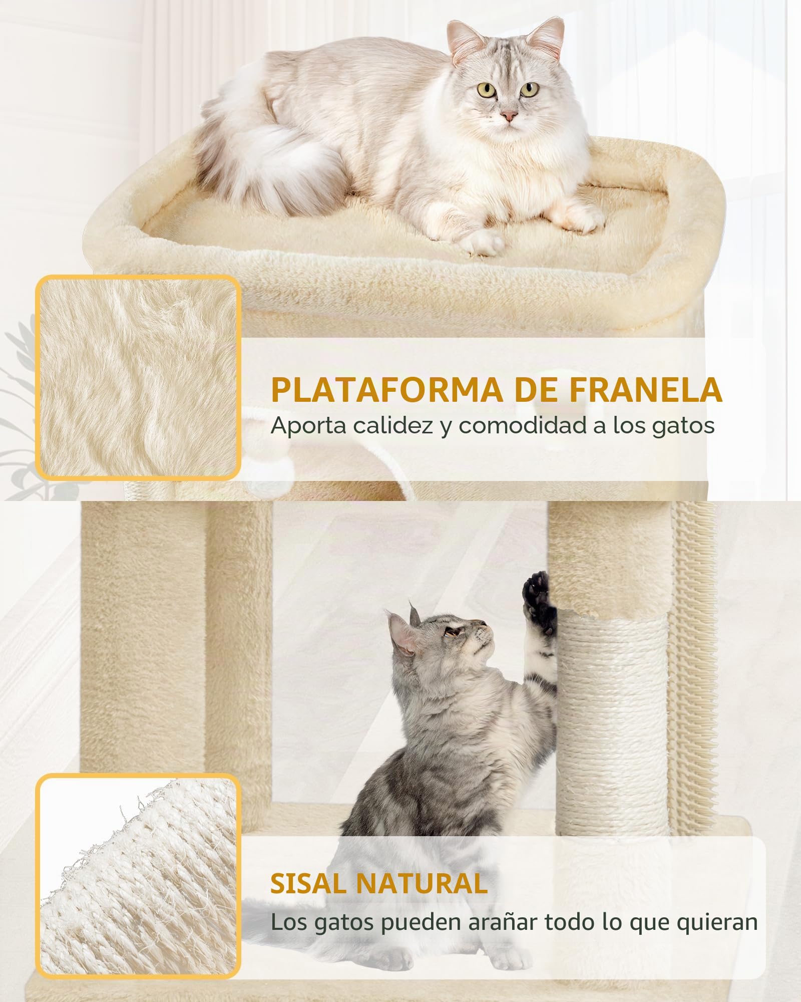 Hzuaneri Árbol Rascador para Gatos, 203 cm Multicapa con Plataforma Grande, 2 Cuevas, 7 Postes de Sisal, Pompones, Cesta para Gatos, Hamaca, Beige MS20318YL
