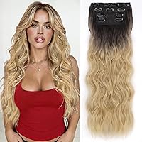 Vista 16 de ALXNAN - Extensiones de cabello con pinza, largo y ondulado, de 20 pulgadas, color rubio rosa; extensiones de cabello natural de 4 piezas, con fibra