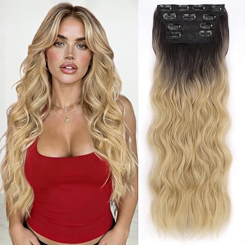 Miniatura 16 de ALXNAN - Extensiones de cabello con pinza, largo y ondulado, de 20 pulgadas, color rubio rosa; extensiones de cabello natural de 4 piezas, con fibra