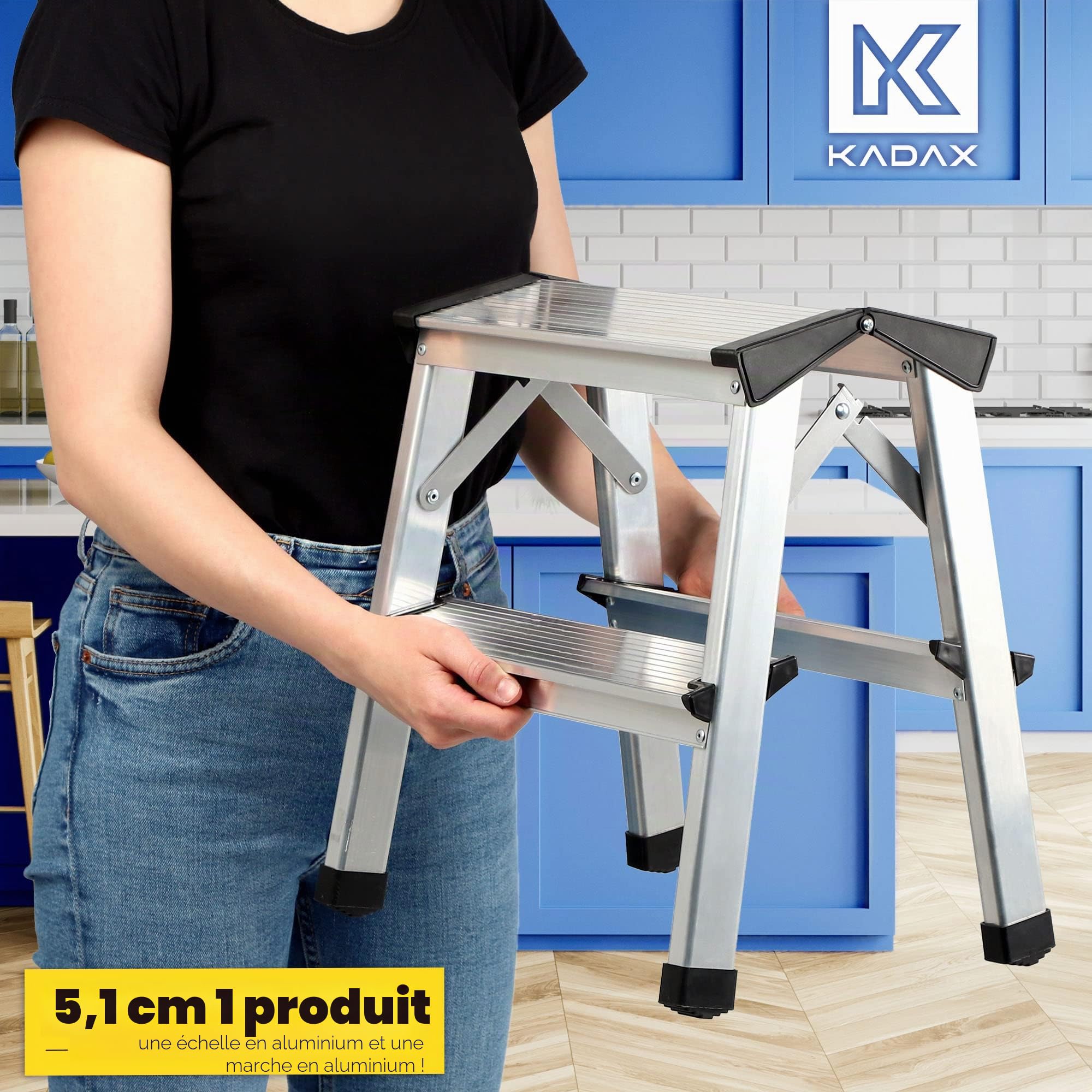 KADAX Escabeau en Aluminium avec Marches Antidérapantes et Conception Pliable pour Un Stockage et Un Transport Faciles, Échelle Légère (2 Marches)