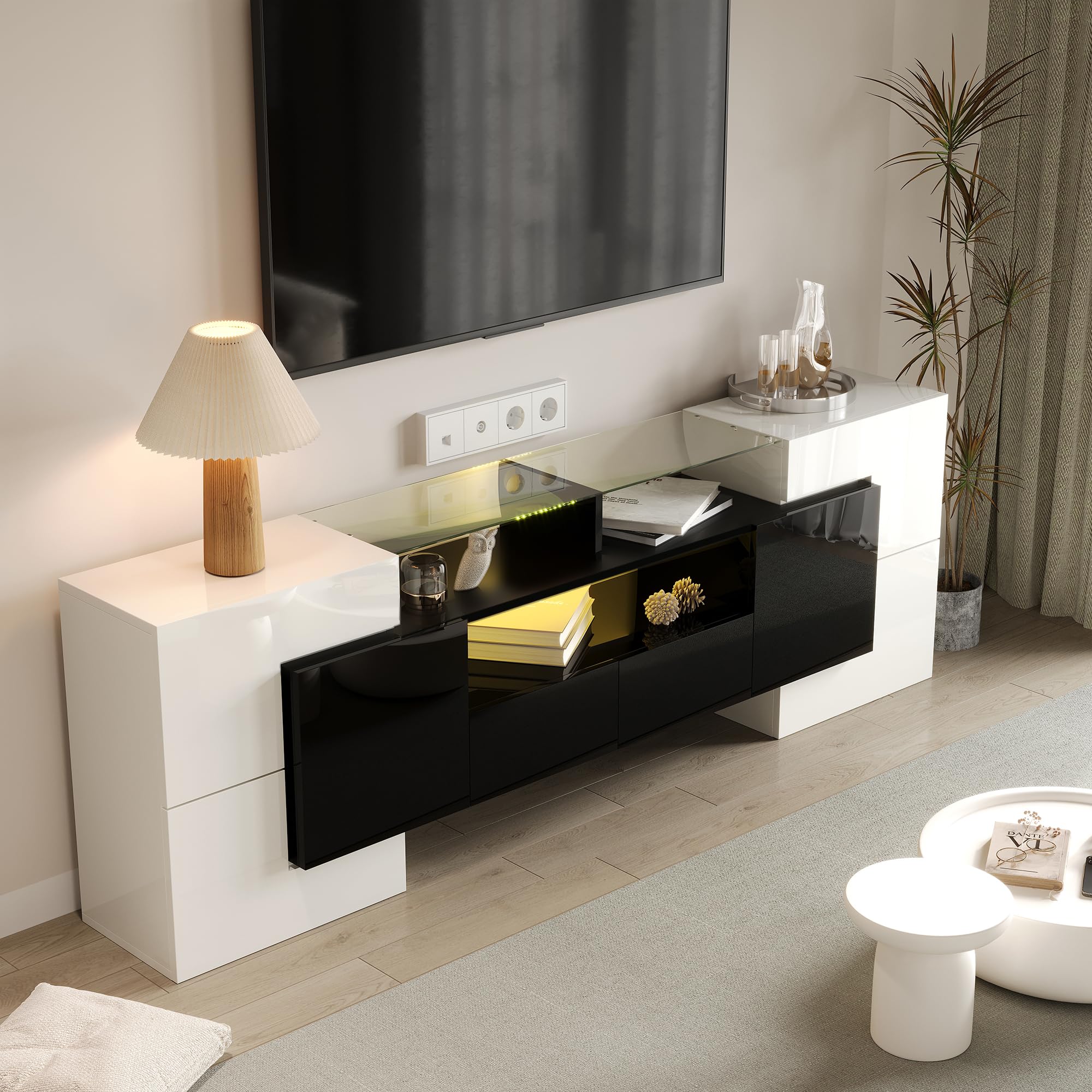 Lowboard per TV moderna, larghezza 200 cm, bianco lucido e grigio, con illuminazione LED RGB, 6 ante e 2 cassetti, armadietto multimediale (bianco+nero + MDF)