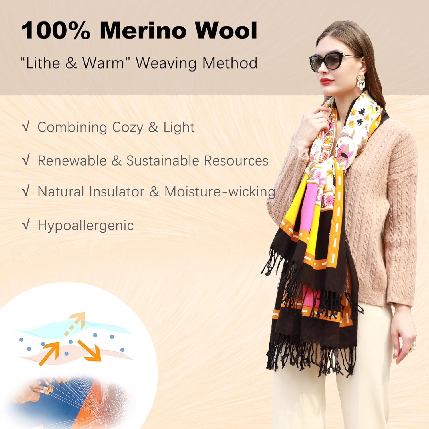 DANA XU 100% Merino Wool Extra Large Pashmina Blanket Travel Scarf Cashmere Wrap for Women Fall Winter Oversize Shawl Floral - Image 3