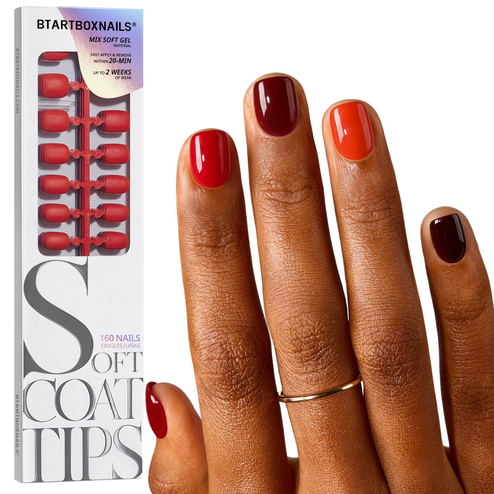 BTArtboxnails Press On Nails, Super Short Squoval Red Fake Nails, 160Pcs
