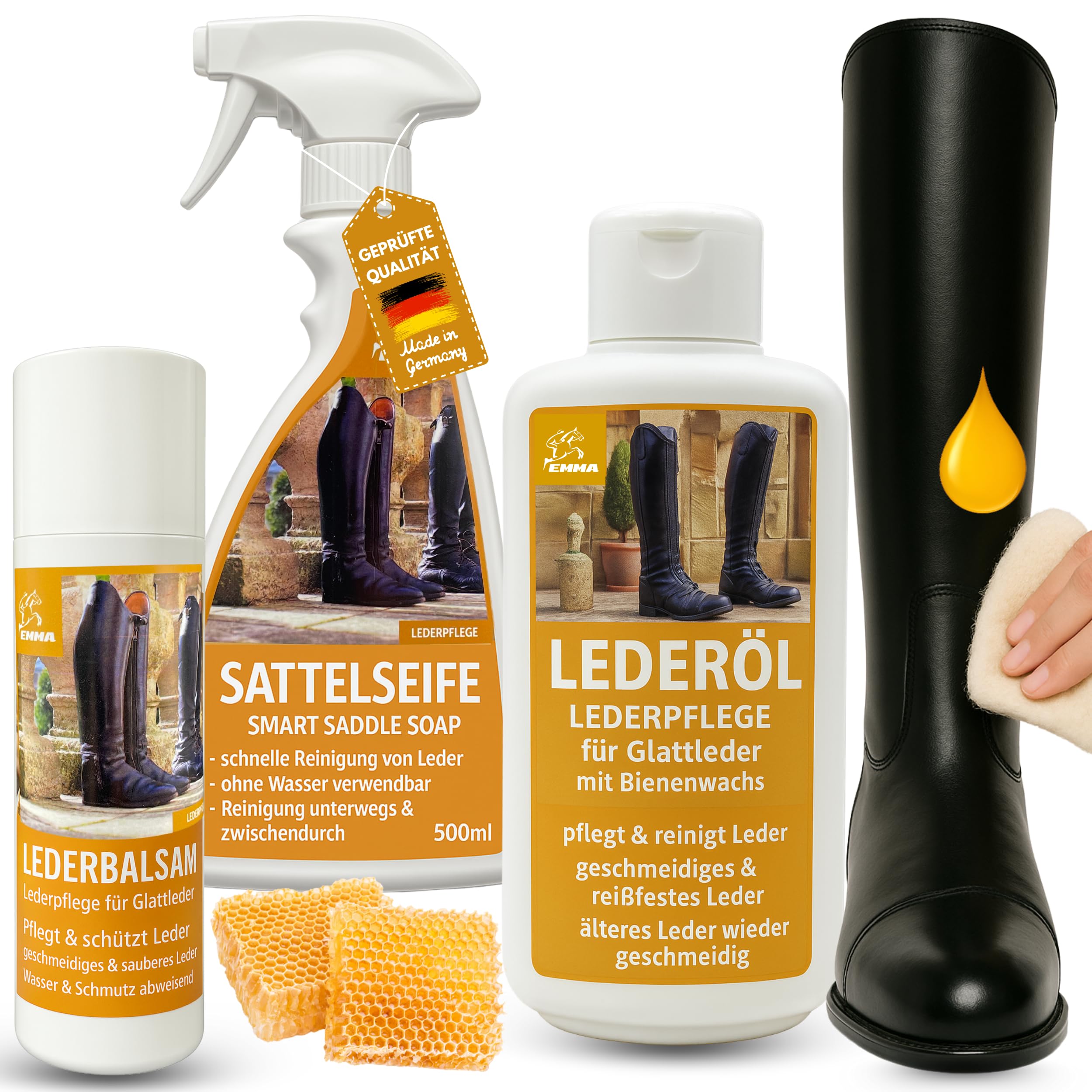 EMMA Bezbarwny smar do skóry 2 × 500 ml + 200 ml I balsam do skóry i mydło siodłowe do pielęgnacji gładkiej skóry I środek do czyszczenia skóry do siodełka, obuwia, butów, sof, samochodu, zestaw do