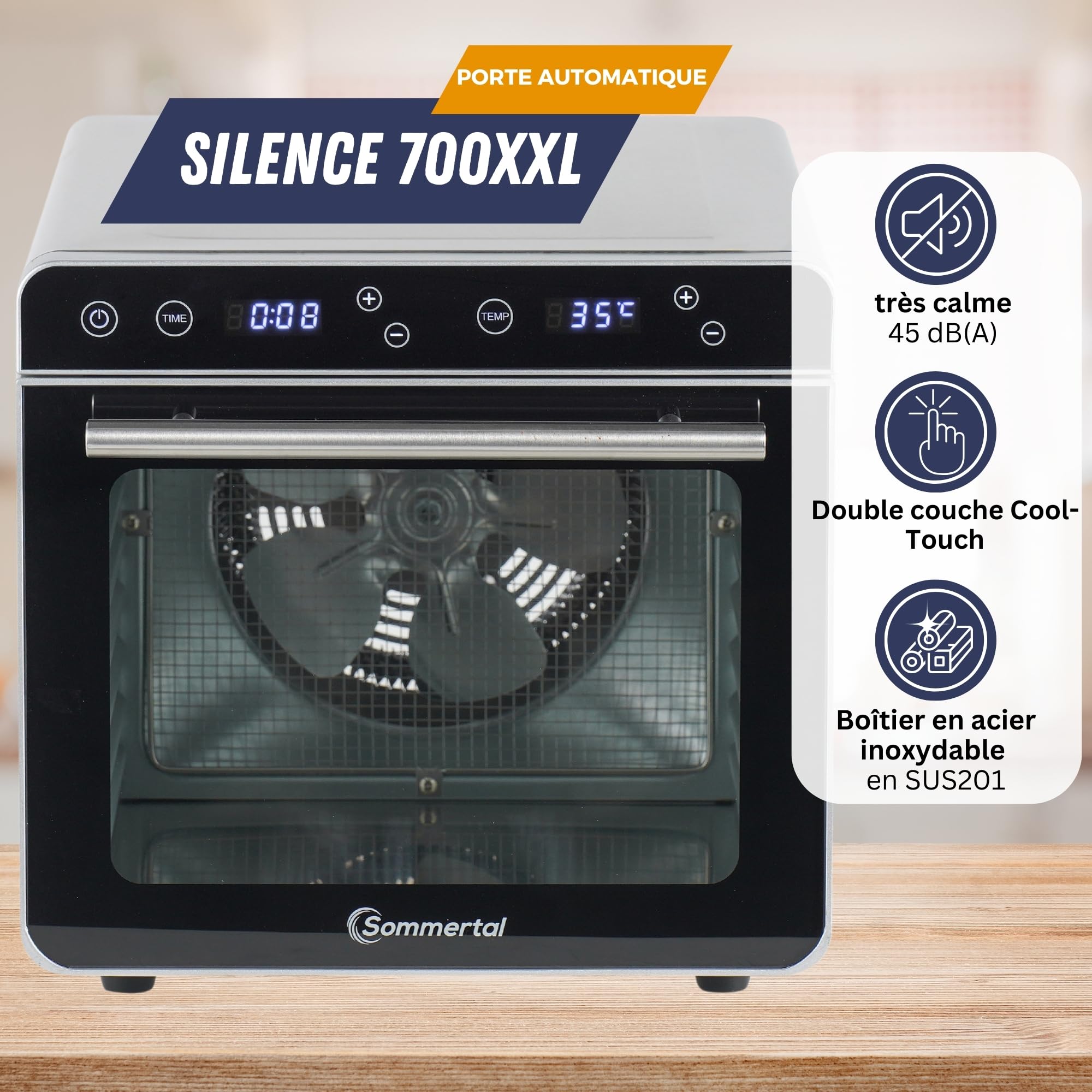 Sommertal Silence 700 XXL avec 8 grilles de séchage en acier inoxydable, affichage LED, minuterie de 24 heures, réglage de la température de (35 °C à 85 °C), avec livre de cuisine, déshydrateur
