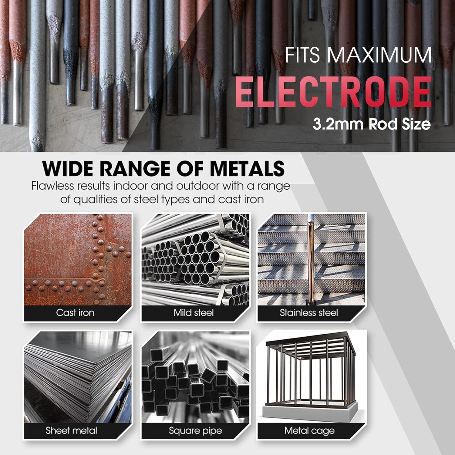 Various types of metals that can be welded with the machine, including cast iron, mild steel, stainless steel, sheet metal, and square pipe.